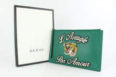 Gucci L' Aveugle Par Amour Zip Pouch Wristlet 4gj0115 Green Leather Clutch