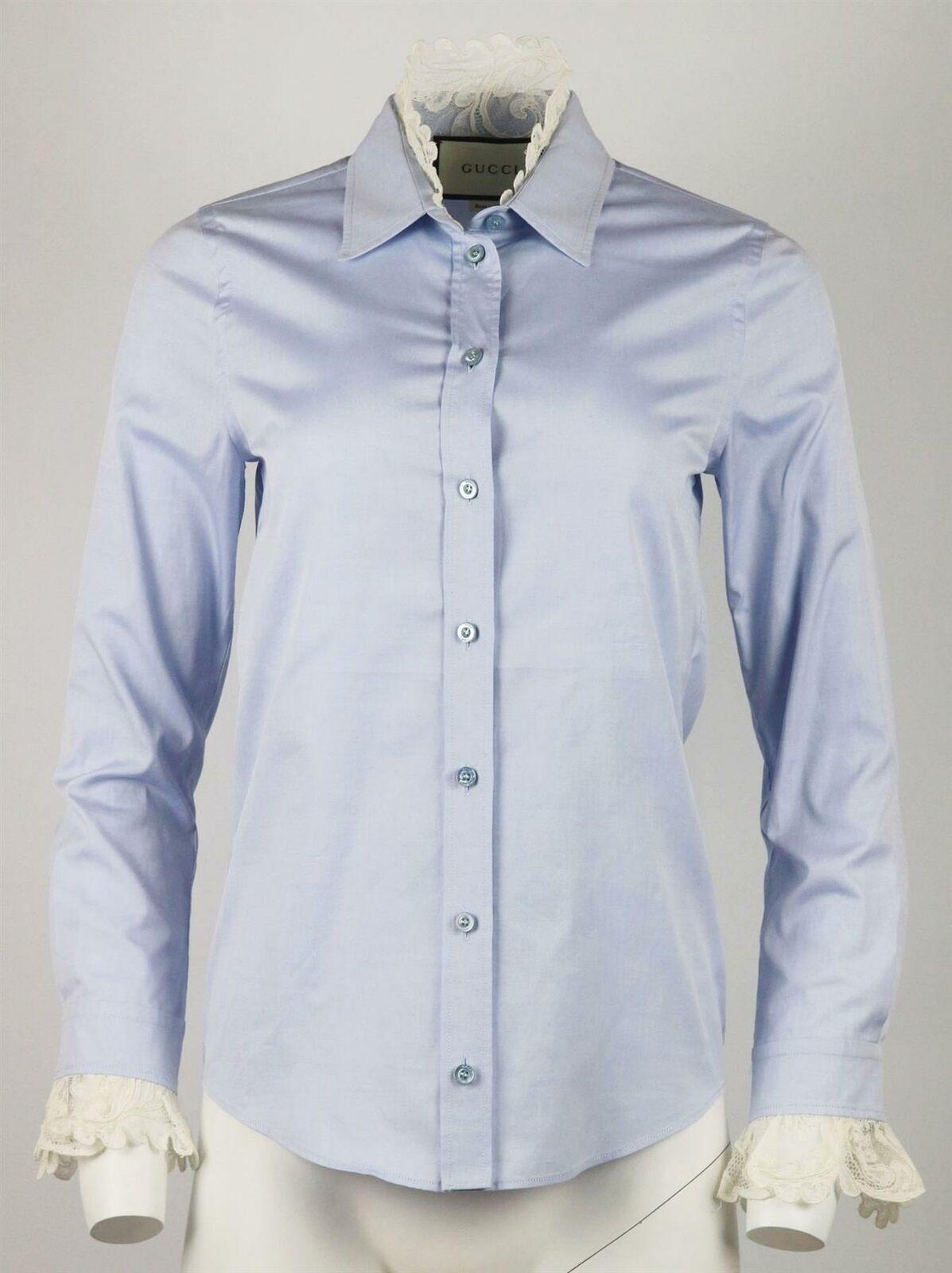 Gucci's shirt is a feminine take on classic Oxford styles, made from crisp cotton-poplin, it's detailed with white lace trims in a slim fitted silhouette.
Blue cotton-poplin.
Button fastening at front.
100% Cotton.

Size: IT 38 (UK 6, US 2, FR