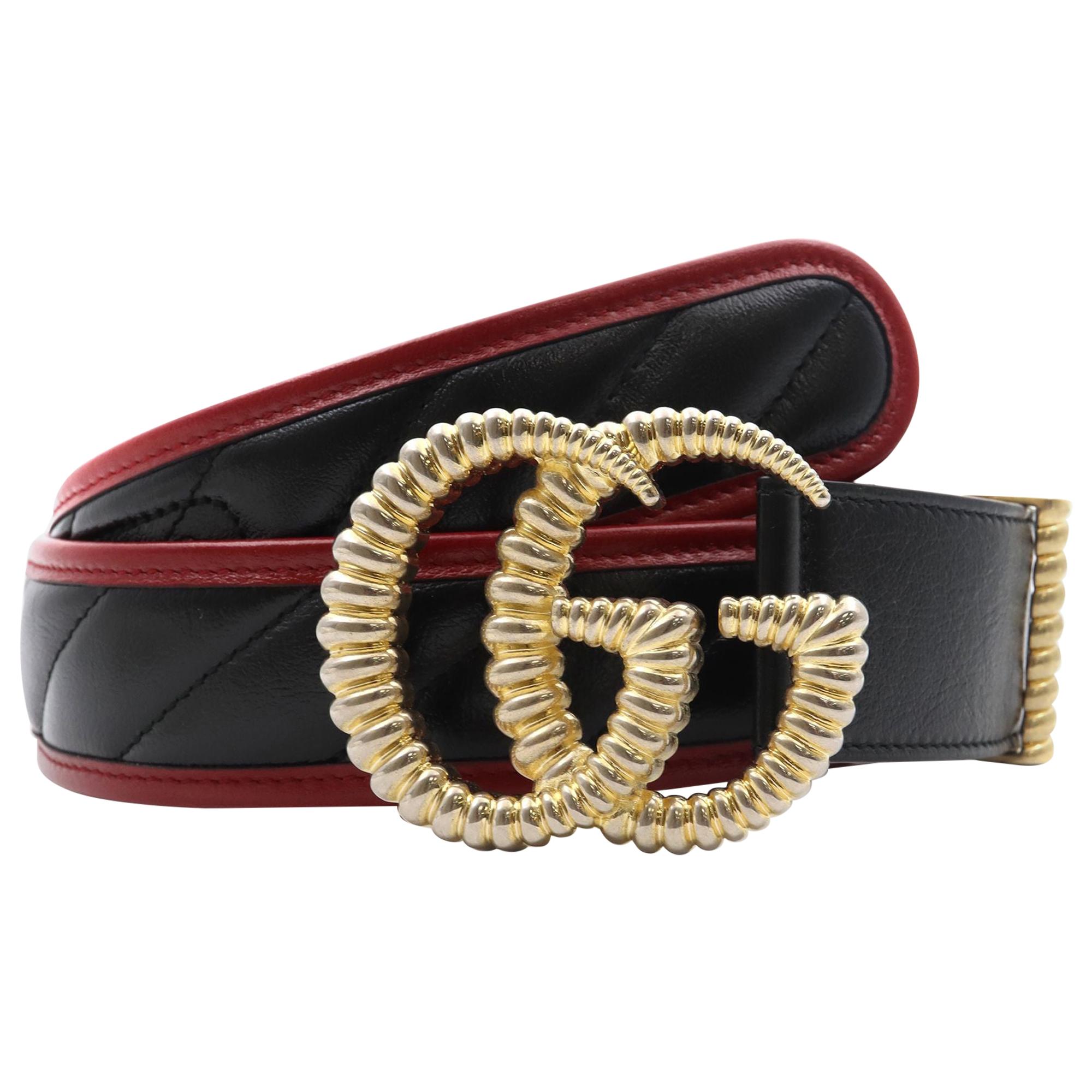 Gucci Ladies Matelassé Black/Red Torchon Double G Buckle Belt at 1stDibs
