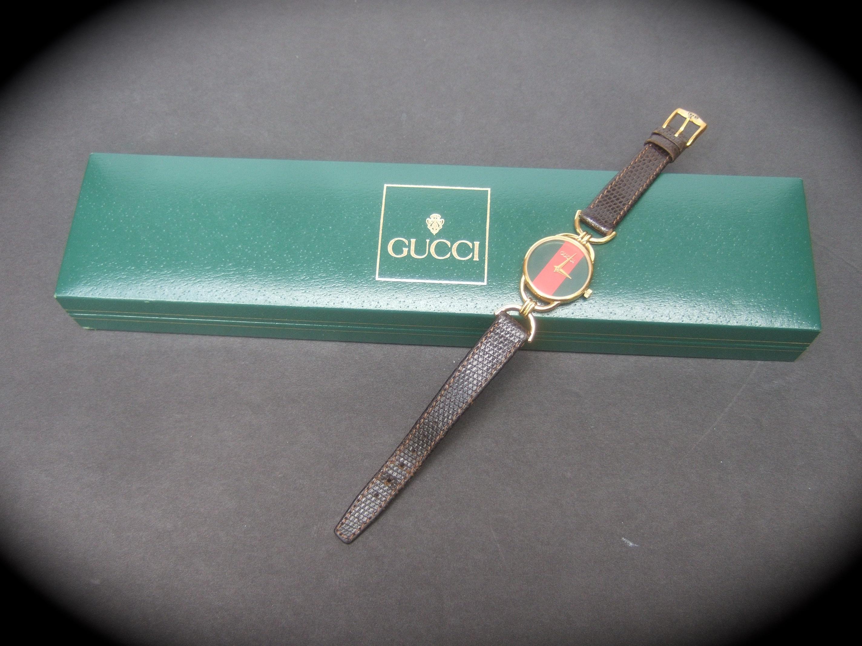 Gucci Ladies Red & Green Dial Brown Leather Strap Wristwatch in Gucci Box c 1980 2