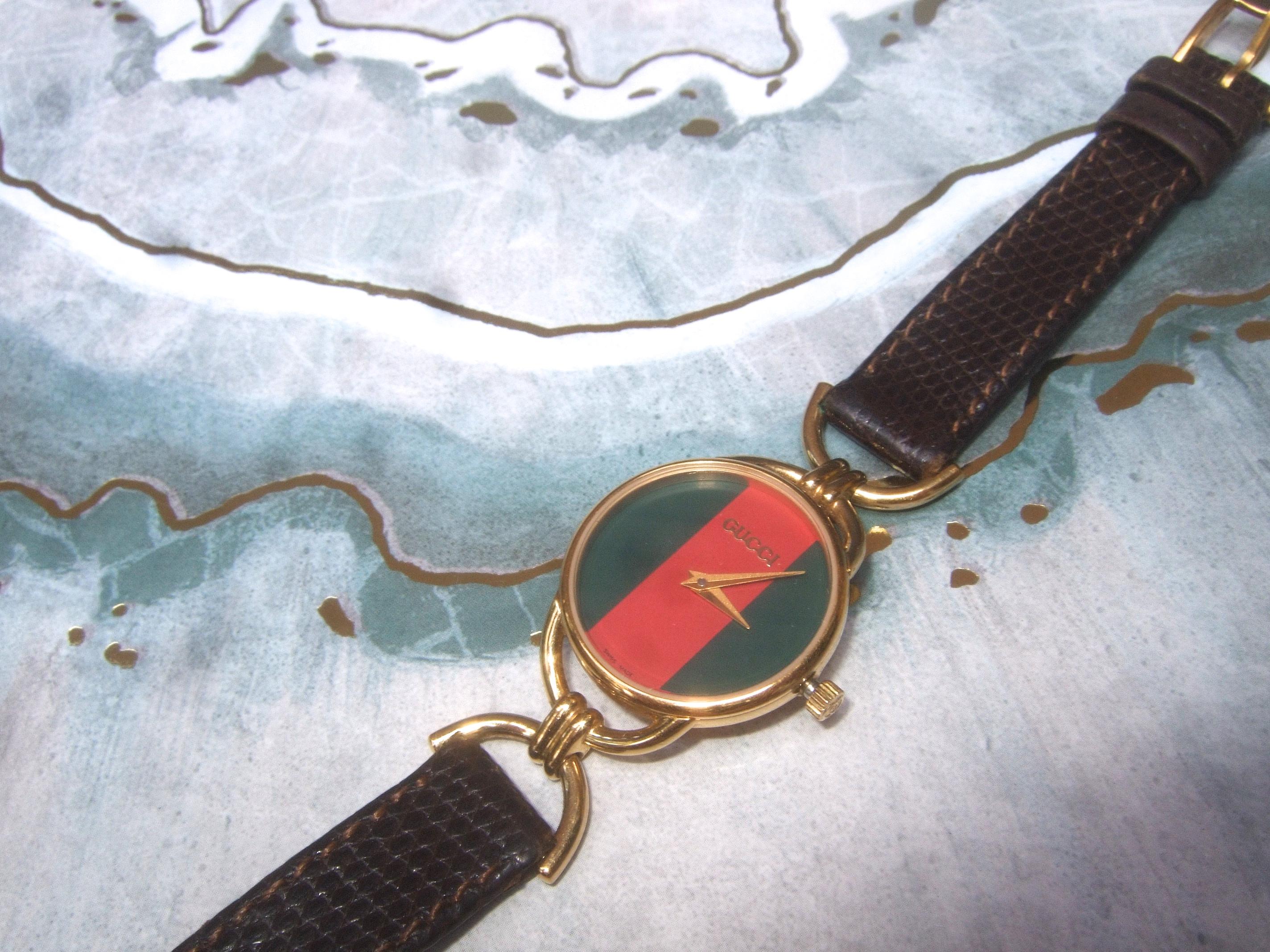 Gucci Ladies Red & Green Dial Brown Leather Strap Wristwatch in Gucci Box c 1980 1