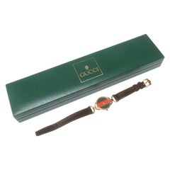 Gucci Ladies Red & Green Dial Brown Leather Strap Wristwatch in Gucci Box c 1980