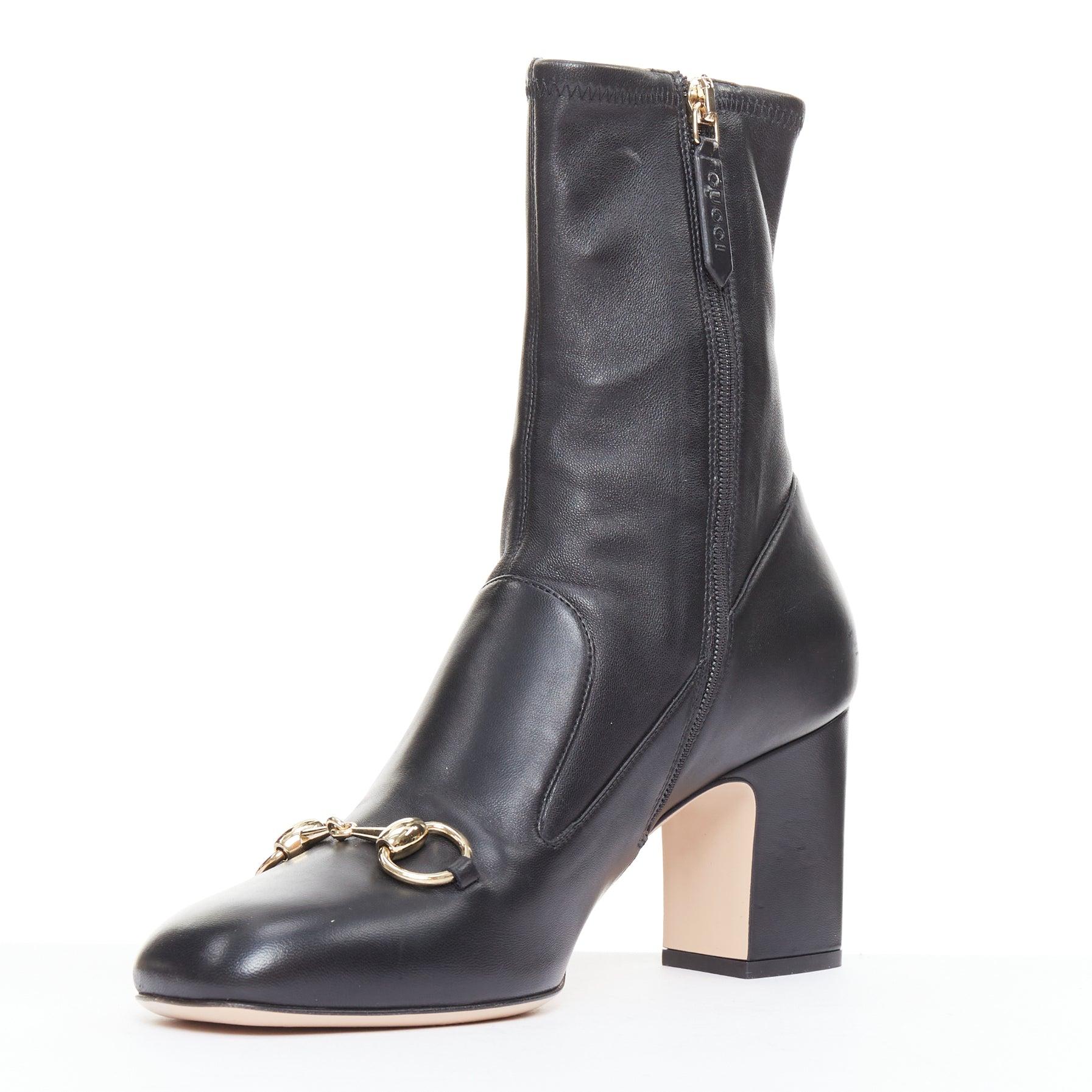 GUCCI Lady Horsebit 80 gold buckle black round toe stretch boots EU38 im Zustand „Gut“ im Angebot in Hong Kong, NT