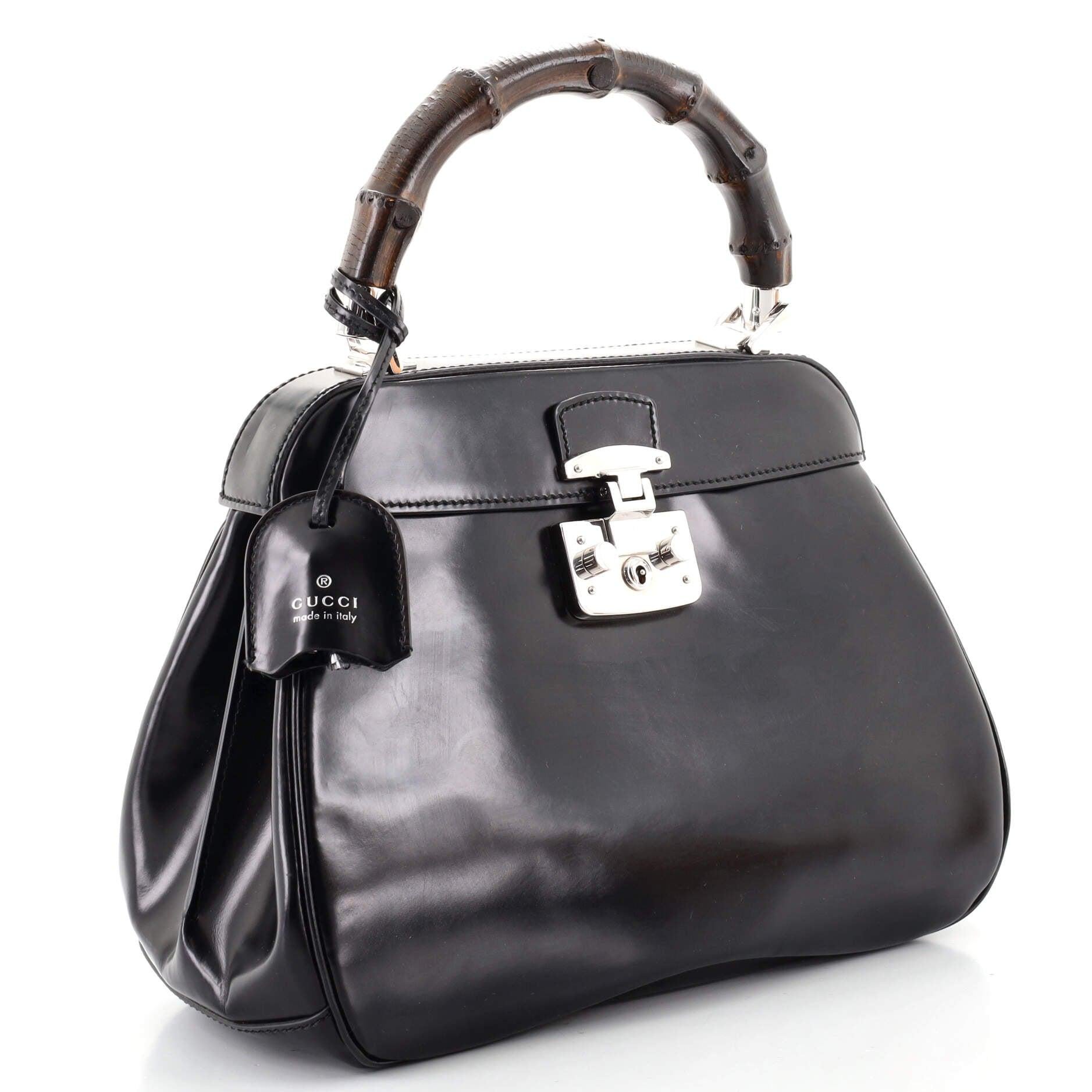 Black Gucci Lady Lock Bamboo Top Handle Bag Leather Medium