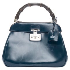 GUCCI Lady Lock navy blue smooth leather Bamboo handle lock satchel bag