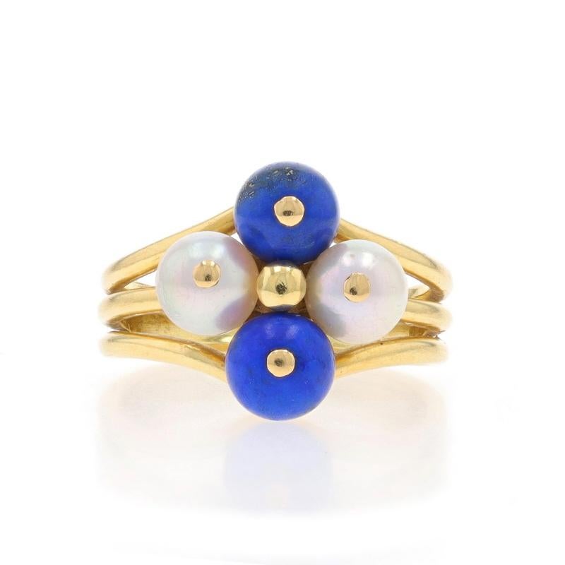 Size: 6 3/4
Sizing Fee: Up 2 1/2 sizes for $60 or Down 1 1/2 a size for $40

Brand: Gucci
Era: Vintage

Metal Content: 18k Yellow Gold

Stone Information

Natural Lapis Lazuli
Cut: Bead
Color: Blue
Size: 5.9mm & 6mm

Cultured Pearls
Size: