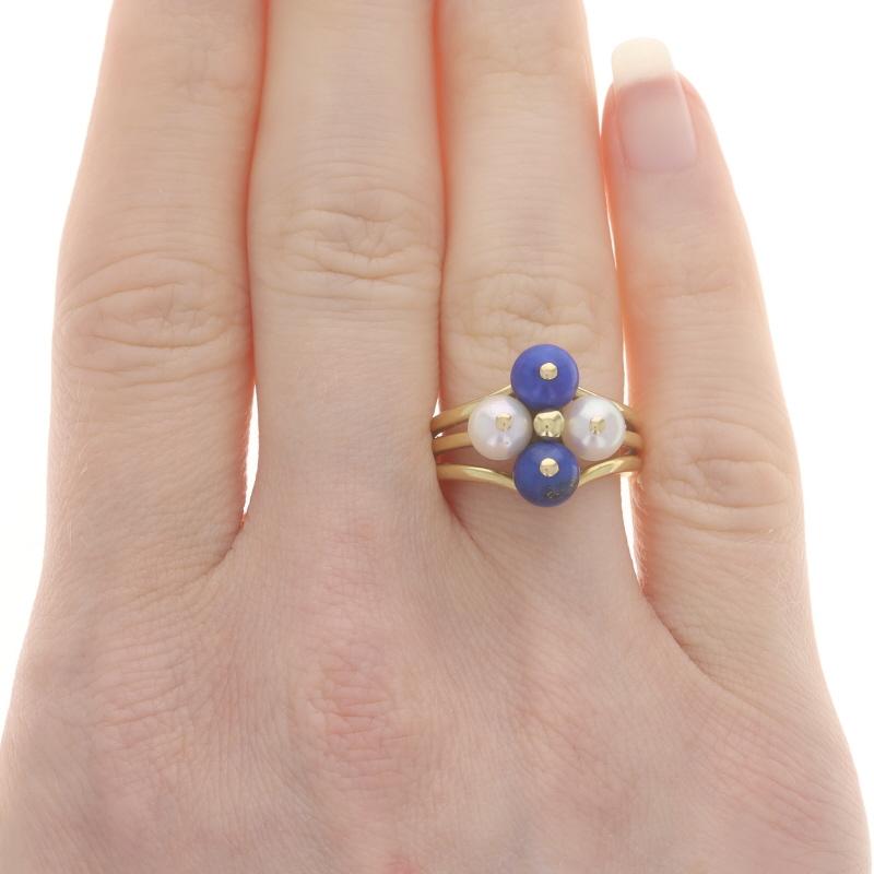 Bead Gucci Lapis Lazuli & Cultured Pearl Vintage Cluster Ring - Yellow Gold 18k Italy For Sale