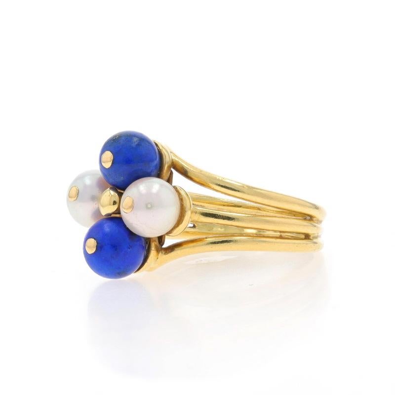 Gucci Lapis Lazuli & Cultured Pearl Vintage Cluster Ring - Yellow Gold 18k Italy In Excellent Condition For Sale In Greensboro, NC