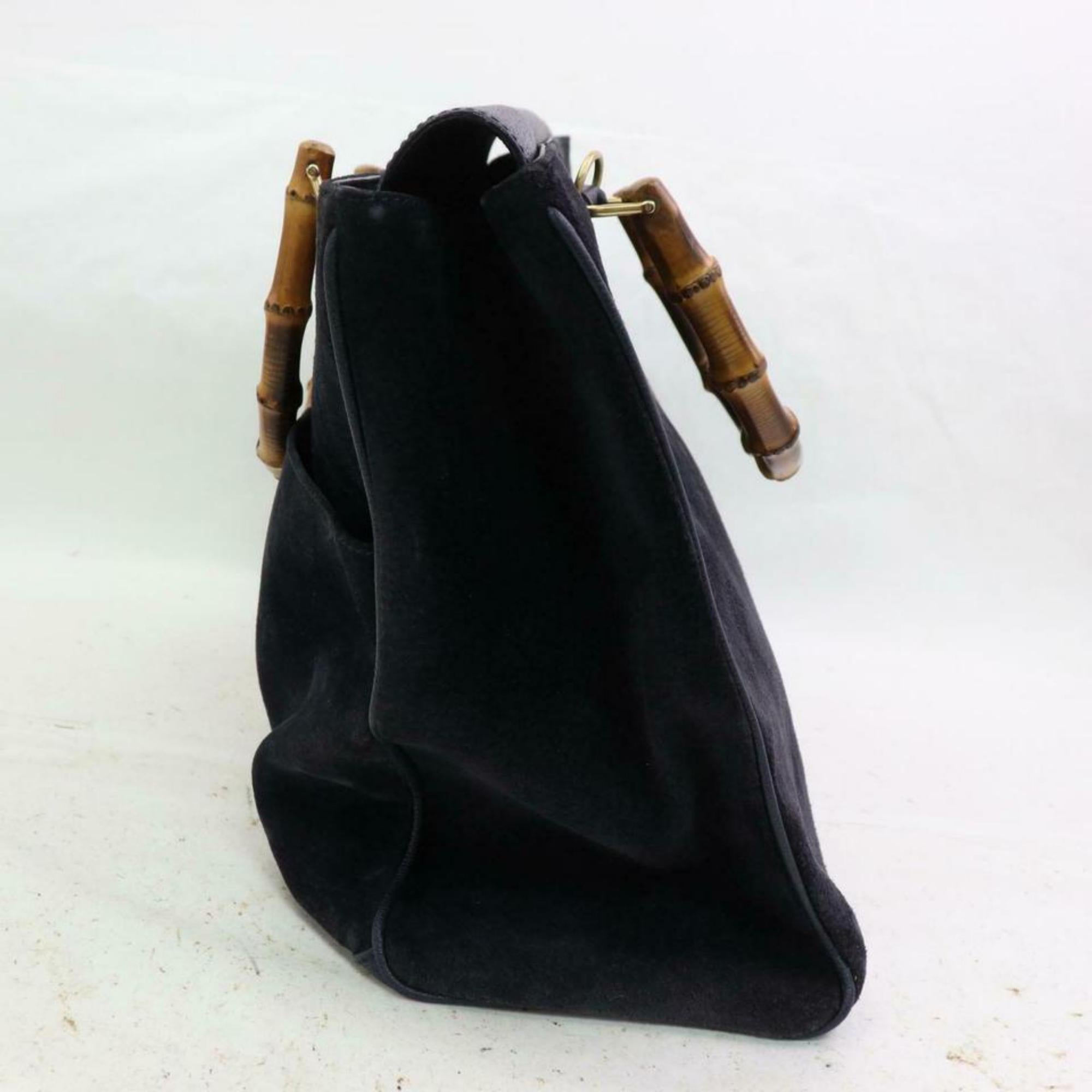 Gucci Large Bamboo Tote 870576 Black Suede Leather Satchel For Sale 6