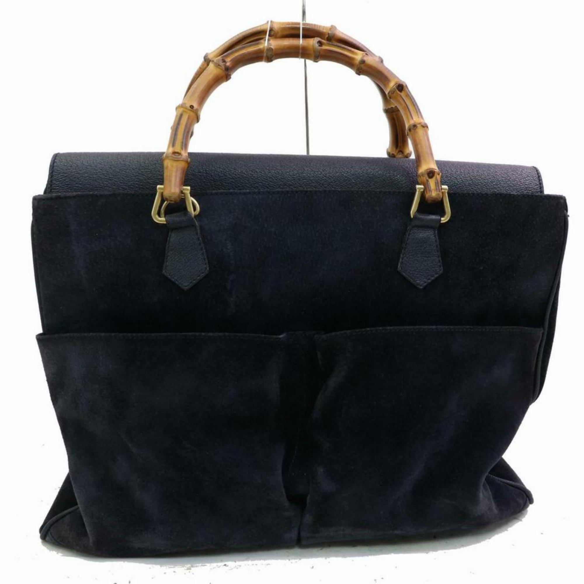 Gucci Large Bamboo Tote 870576 Black Suede Leather Satchel For Sale 4
