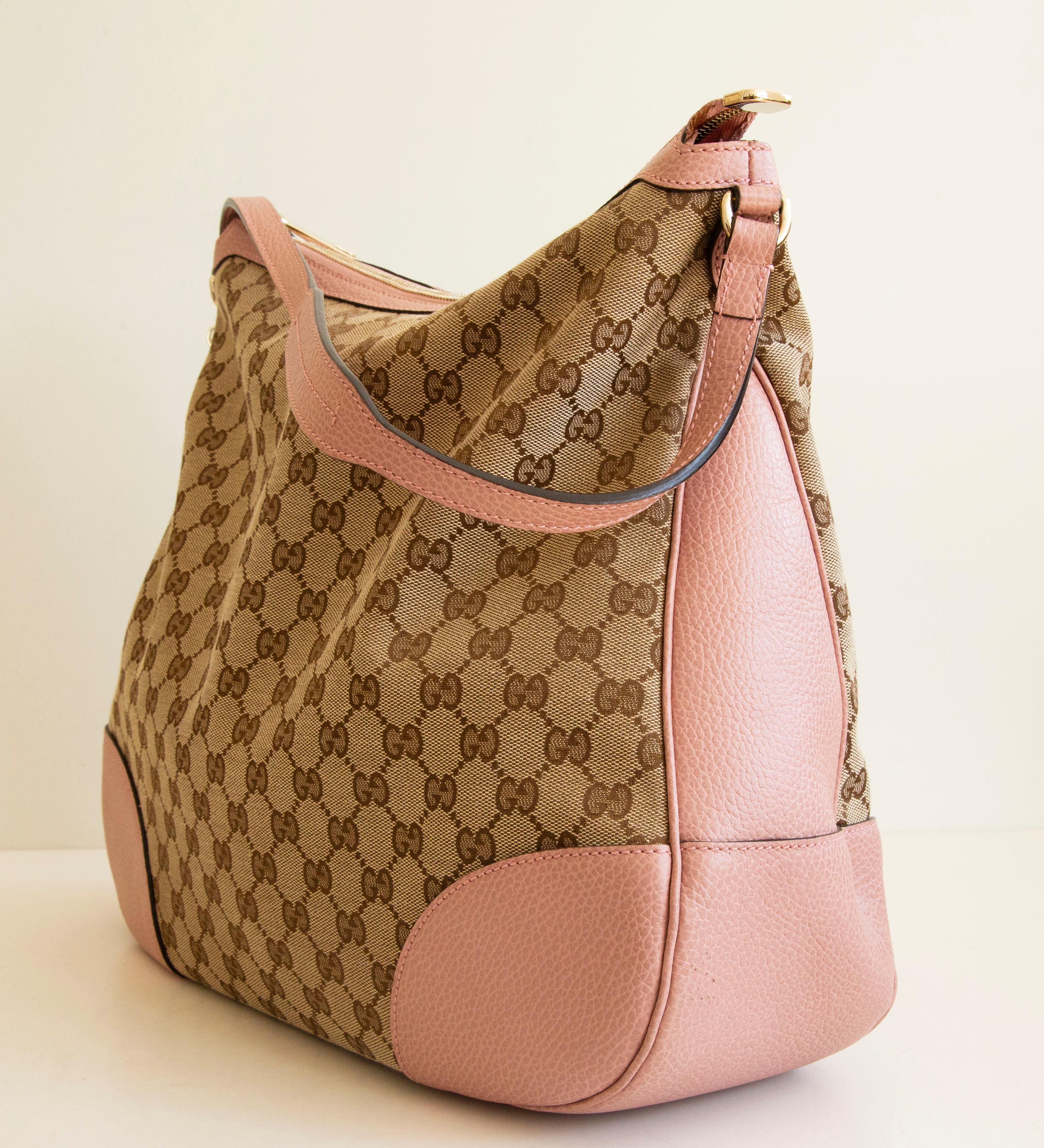 Brown Gucci Large Bree Hobo Bag in GG Canvas with Pink Leather Trim For Sale
