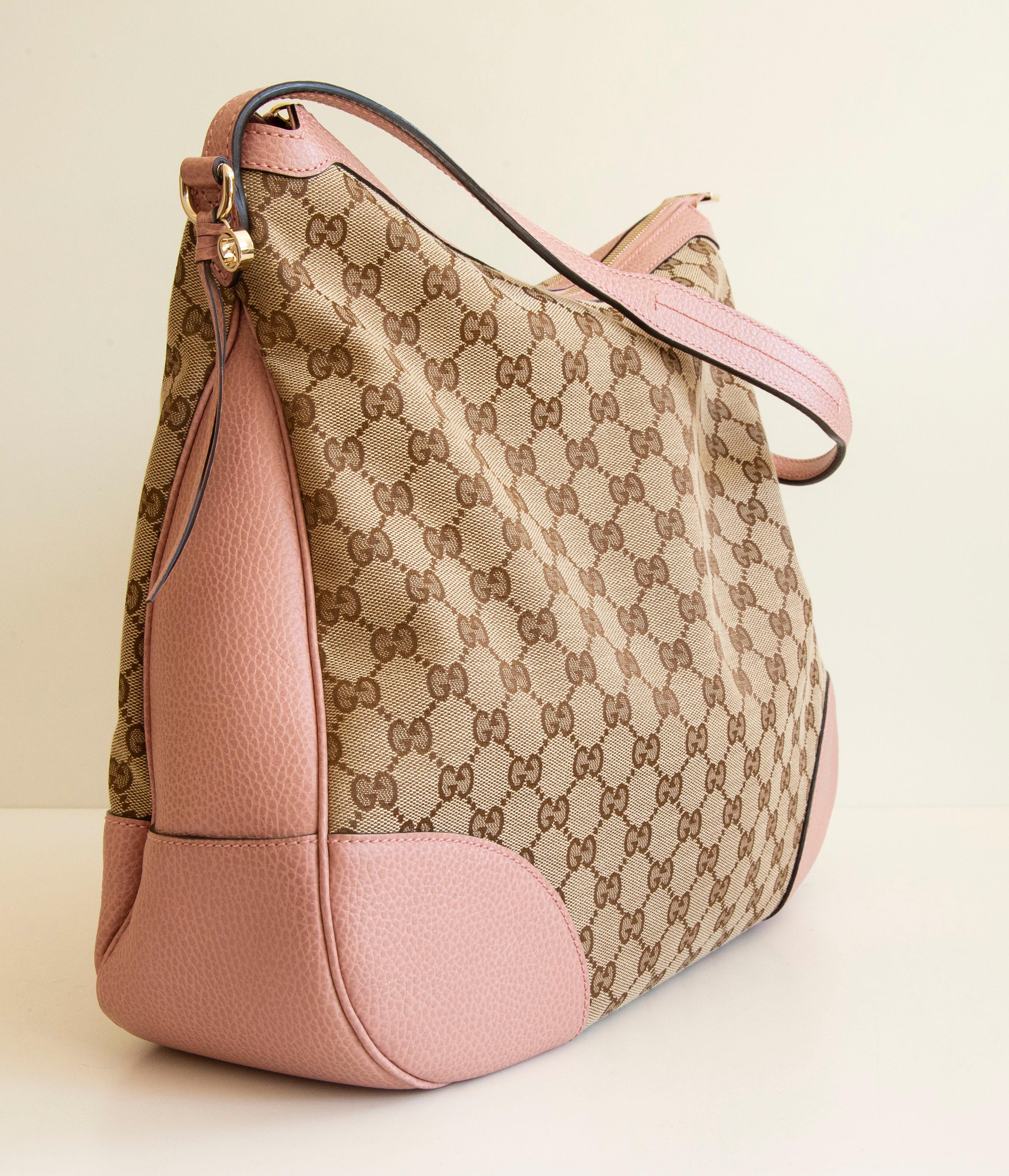 Gucci - Grand sac hobo Bree en toile GG avec bordure en cuir rose Unisexe en vente