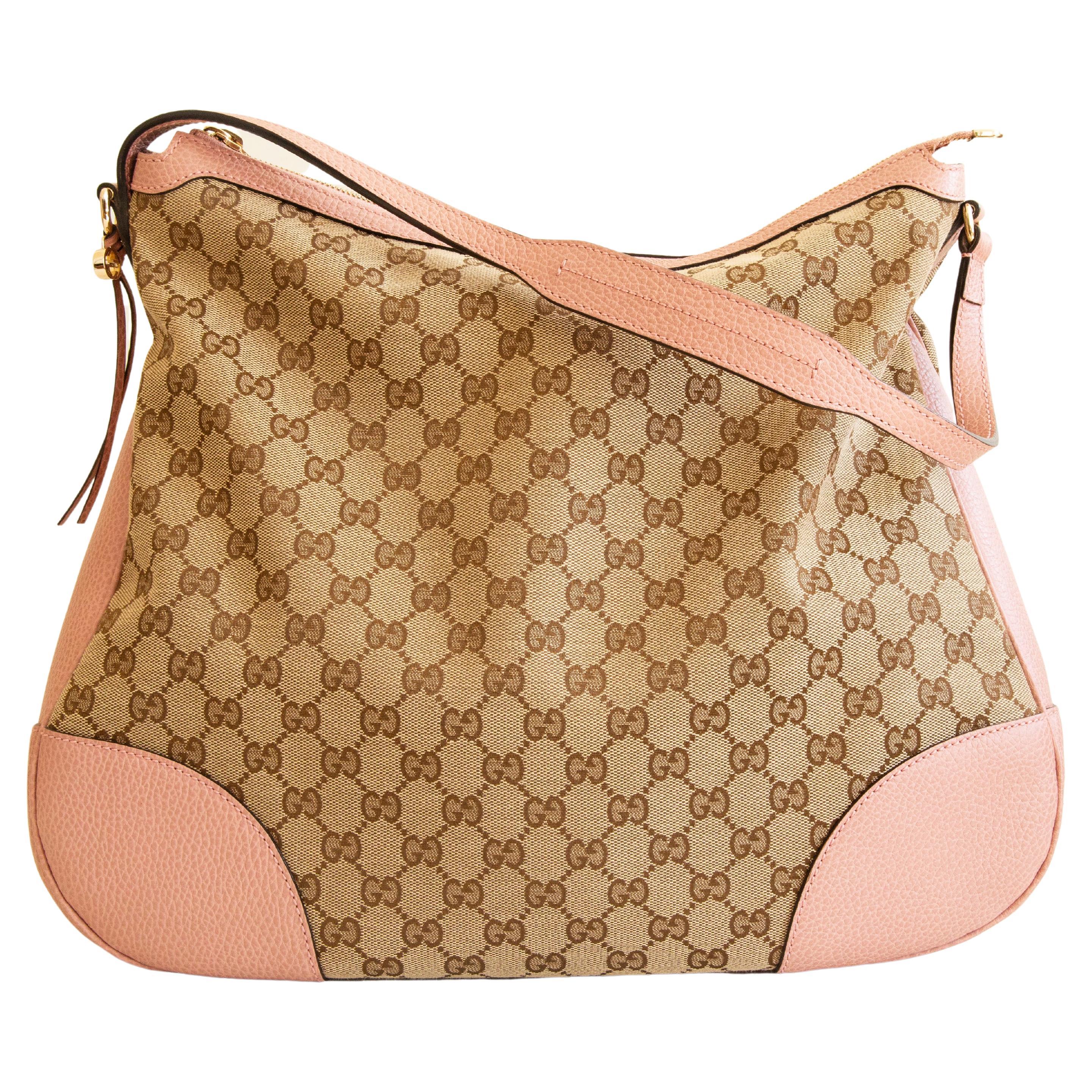 Gucci Large Bree Hobo Bag in GG Canvas with Pink Leather Trim For Sale