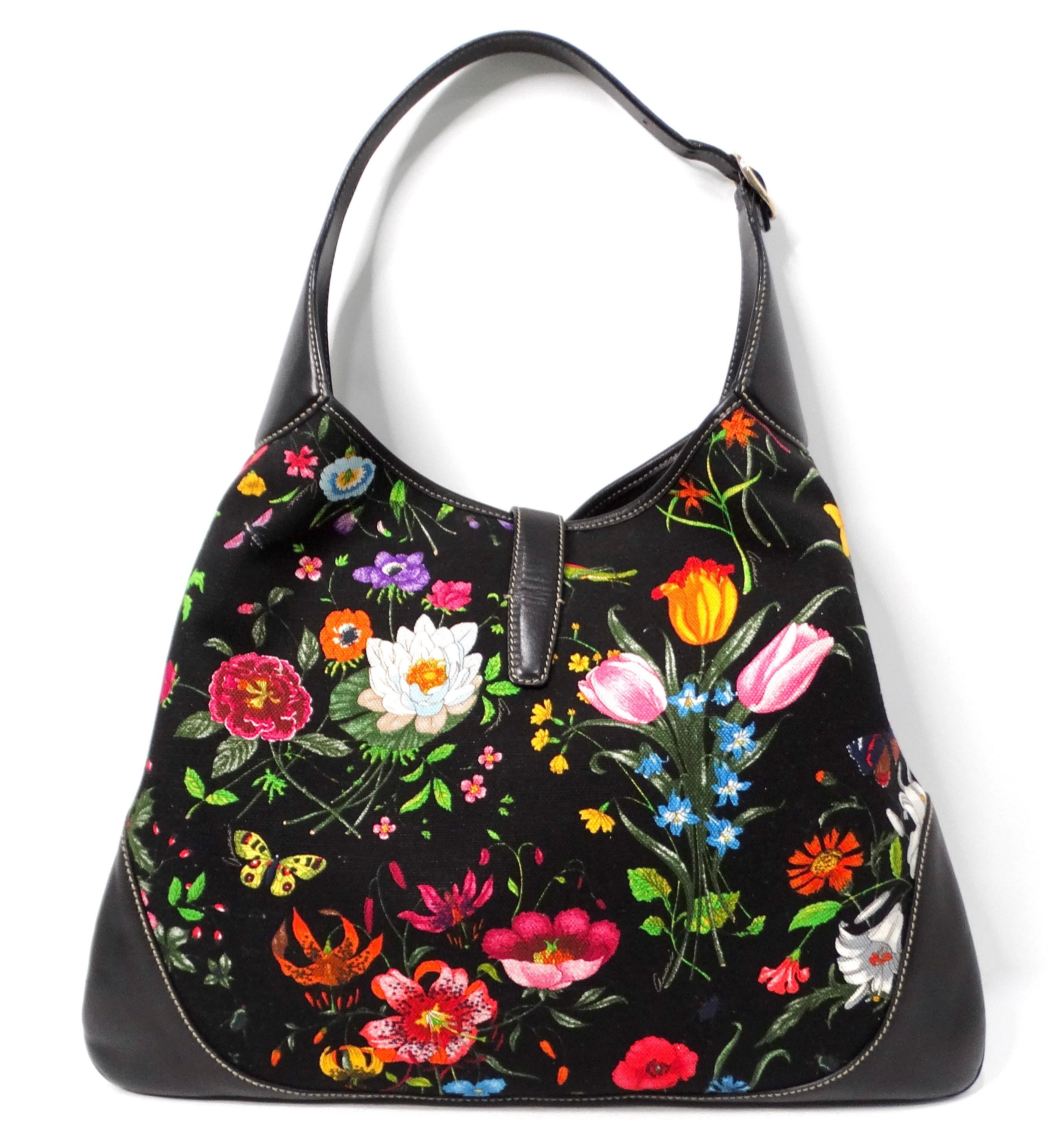 Gucci Large Flora Print Canvas & Black Leather Jackie Hobo Bag For Sale 9