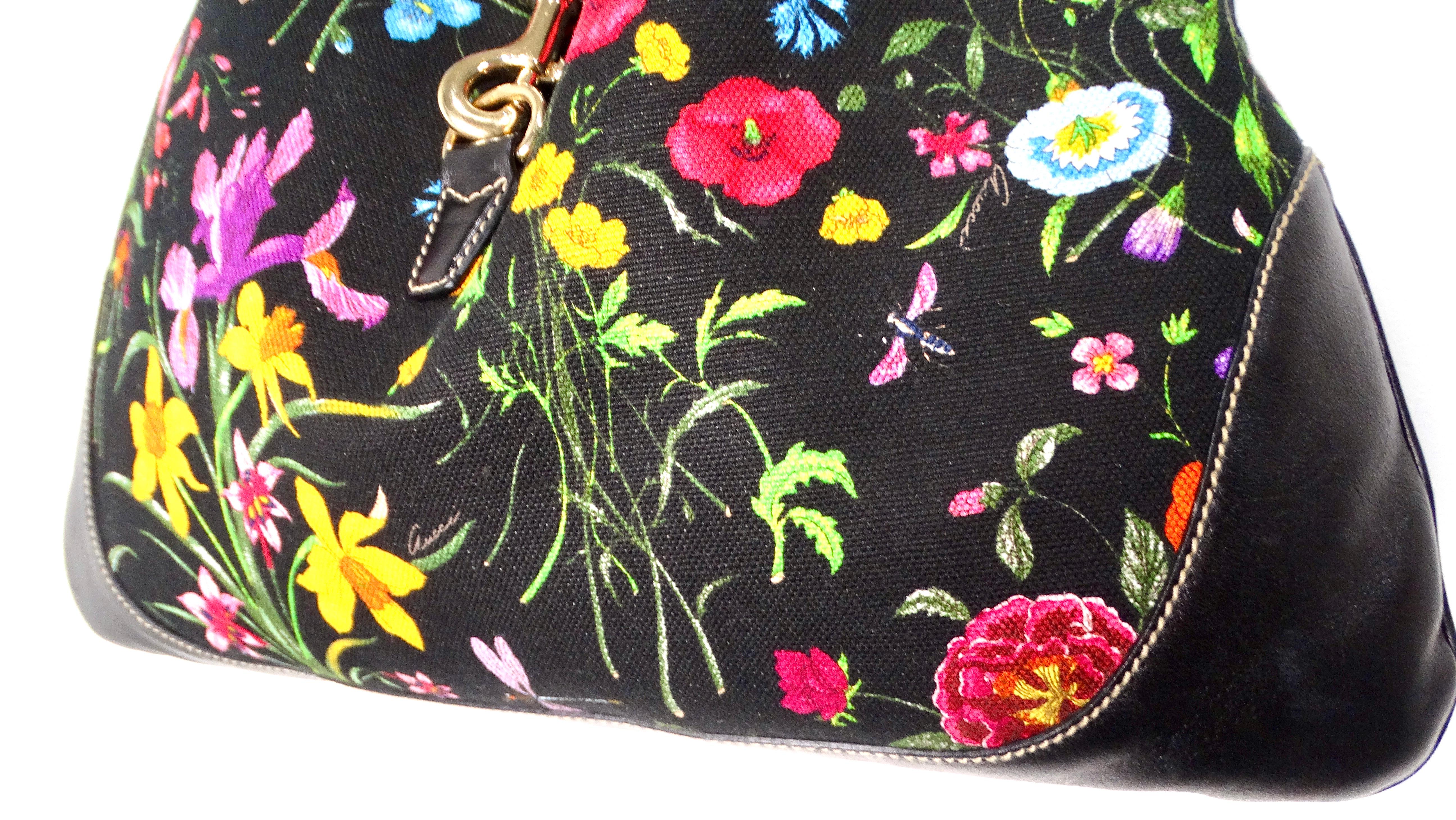 Gucci Large Flora Print Canvas & Black Leather Jackie Hobo Bag In Good Condition For Sale In Scottsdale, AZ