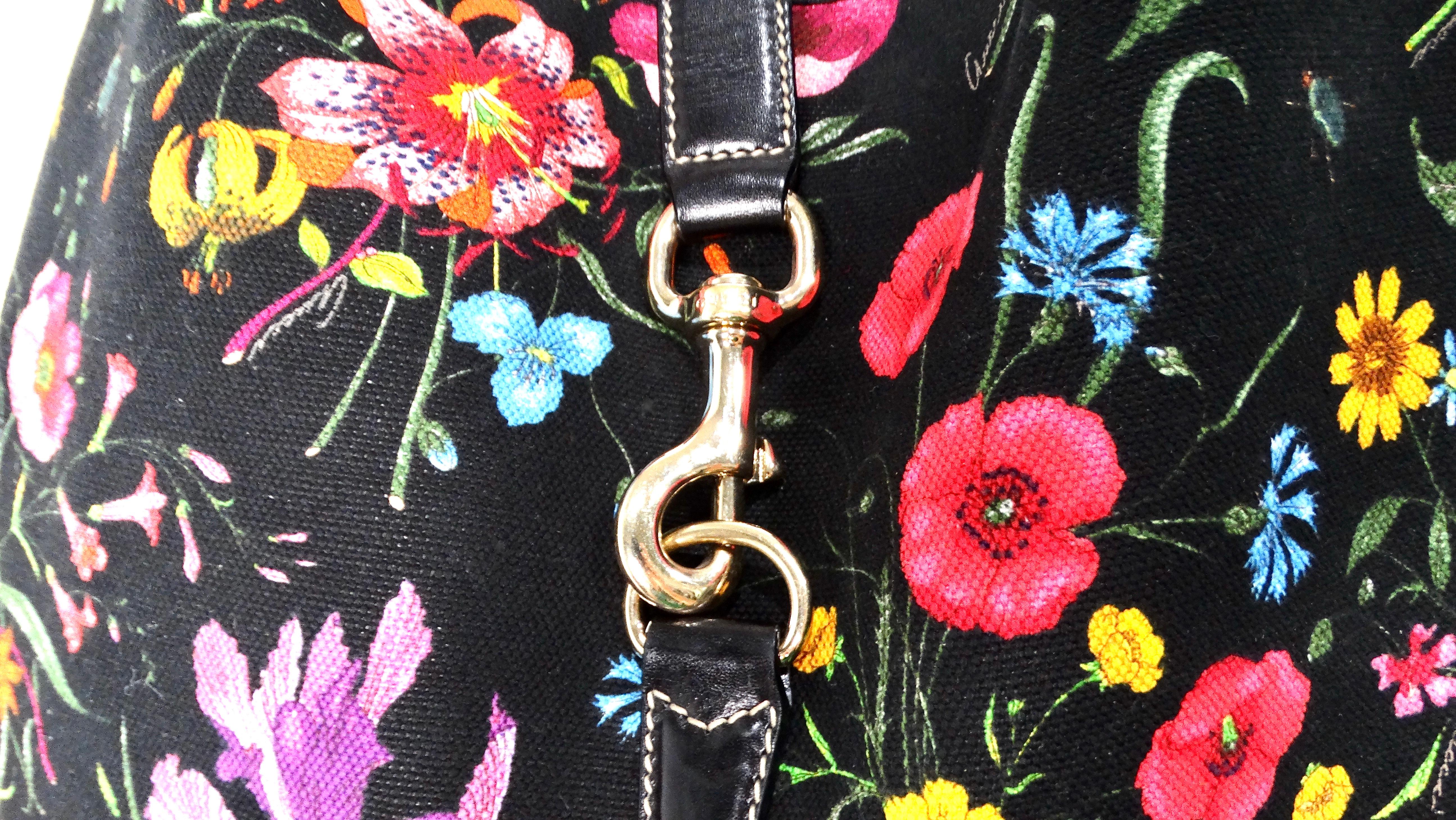 Women's Gucci Large Flora Print Canvas & Black Leather Jackie Hobo Bag For Sale