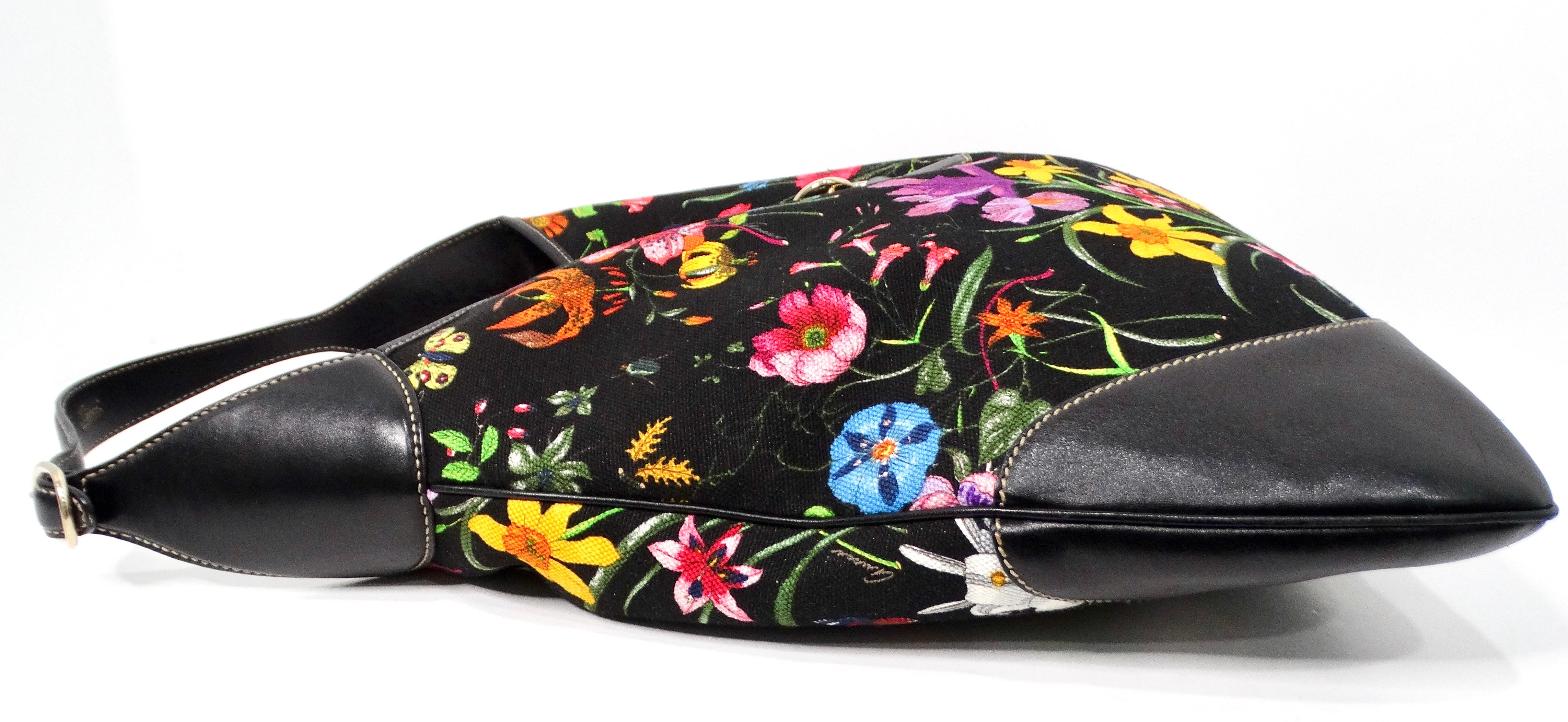 Gucci Large Flora Print Canvas & Black Leather Jackie Hobo Bag For Sale 1
