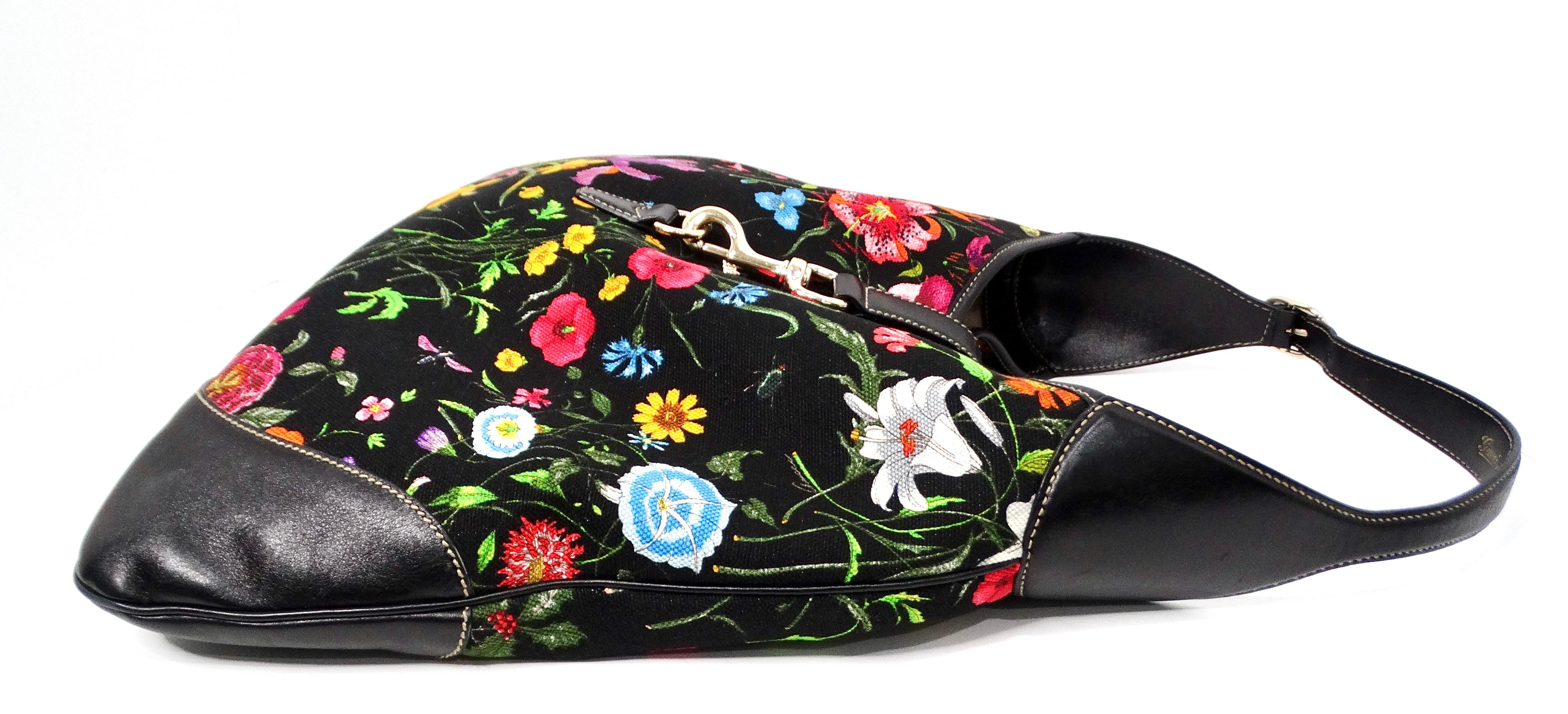 Gucci Large Flora Print Canvas & Black Leather Jackie Hobo Bag For Sale 2