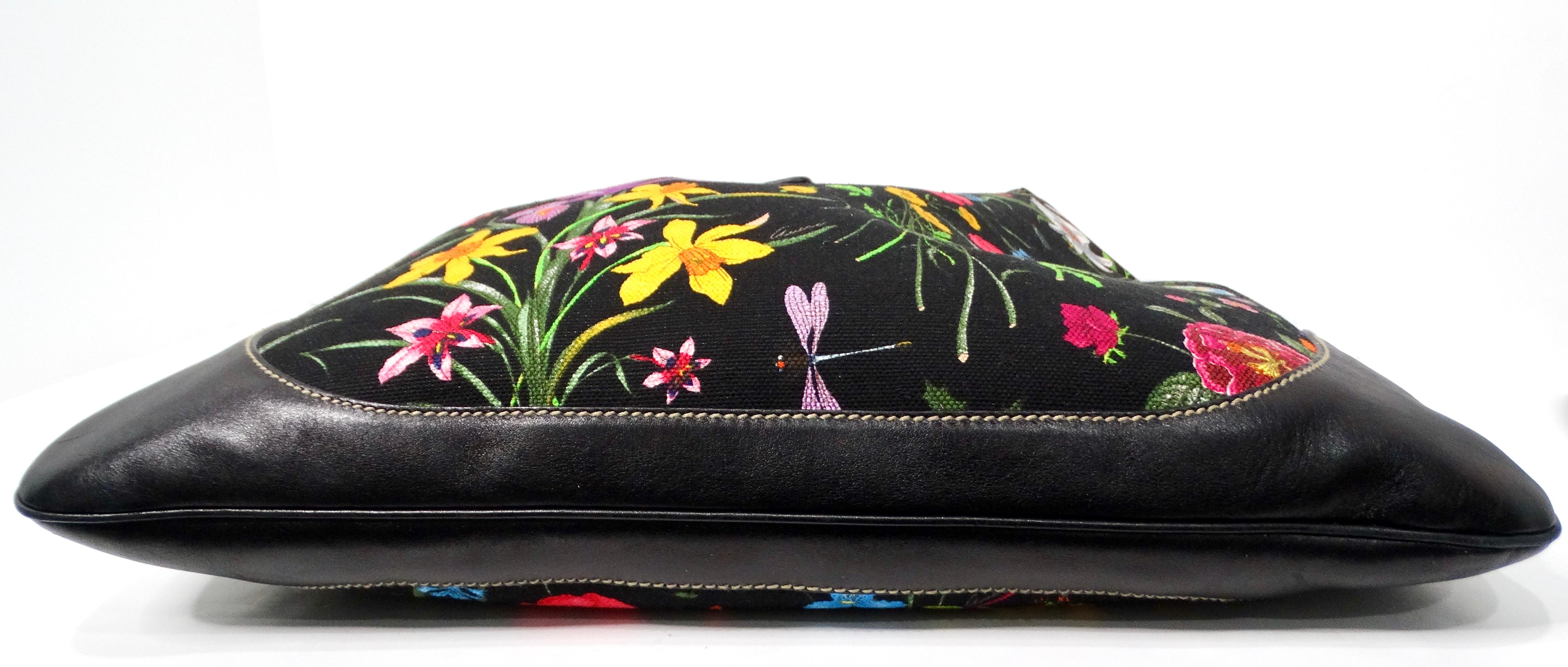 Gucci Large Flora Print Canvas & Black Leather Jackie Hobo Bag For Sale 3