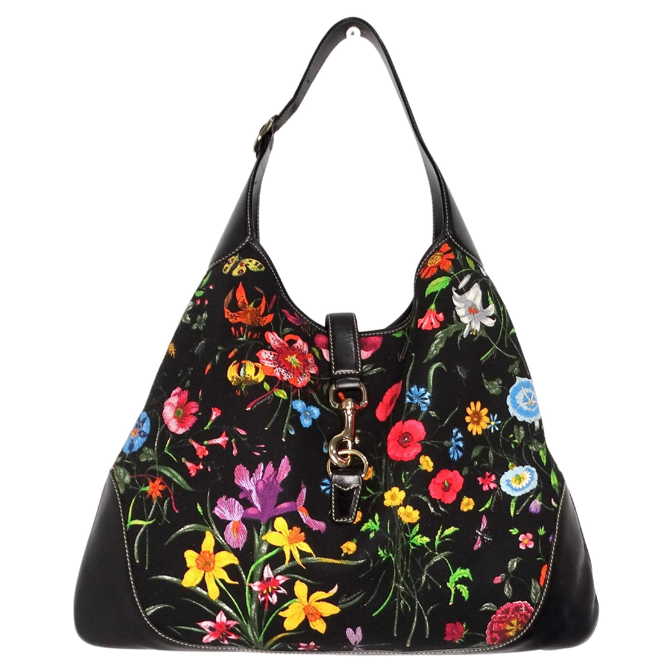Gucci Large Flora Print Canvas & Black Leather Jackie Hobo Bag For Sale