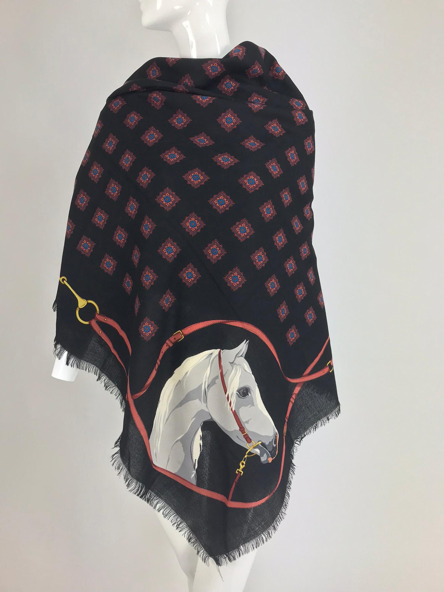 Gucci Large Horse Head Wool Challis Shawl 1990s 5