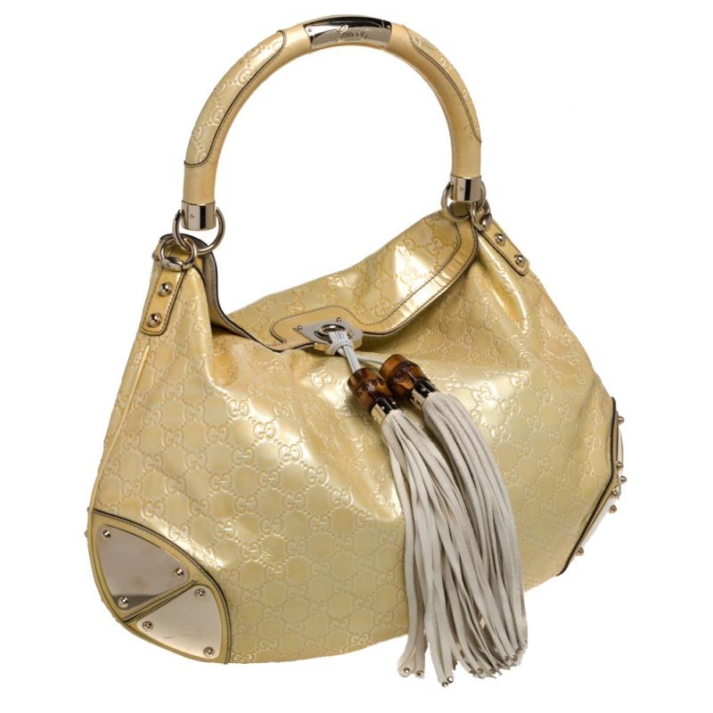 Brown Gucci Large Indy in Yellow/White Guccissima Patent Leather Hobo