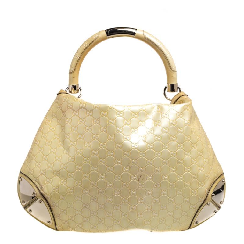 Gucci Large Indy in Yellow/White Guccissima Patent Leather Hobo In Good Condition In Dubai, Al Qouz 2