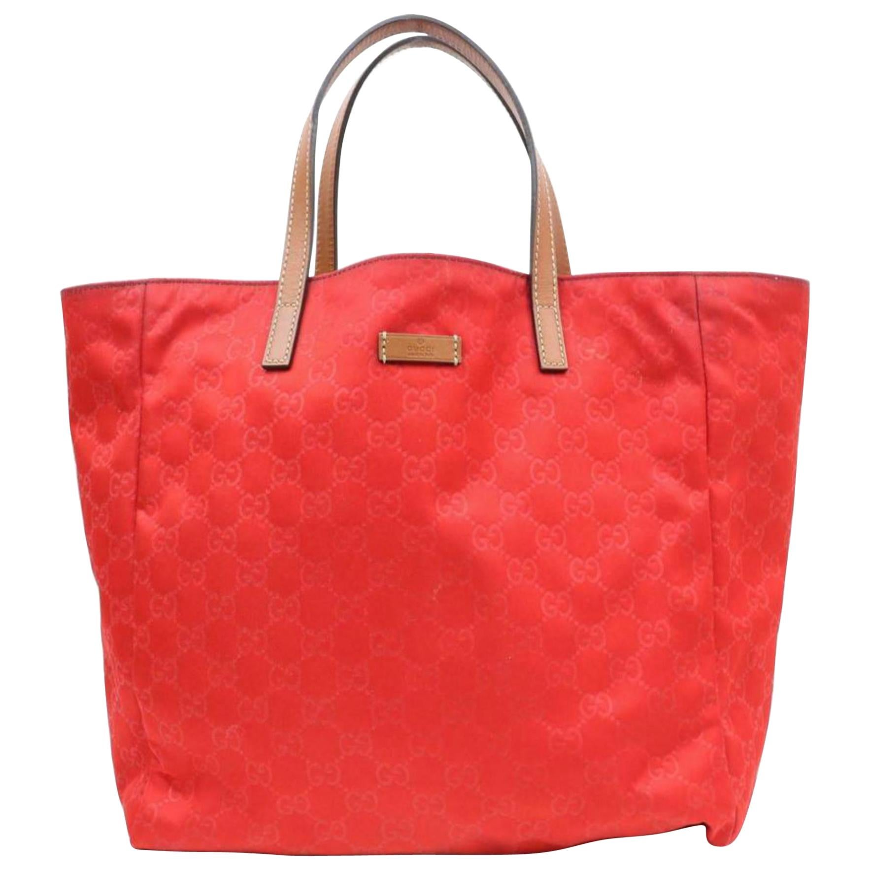 Gucci Large Monogram Embossed Gg Shopper 870349 Red Nylon Tote For Sale