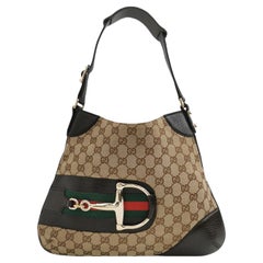 Gucci Large Vintage Brown Monogram and Leather Side Horsebit Shoulder Bag