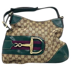 Gucci Large Vintage Green Leather and Monogram Side Horsebit Shoulder Bag