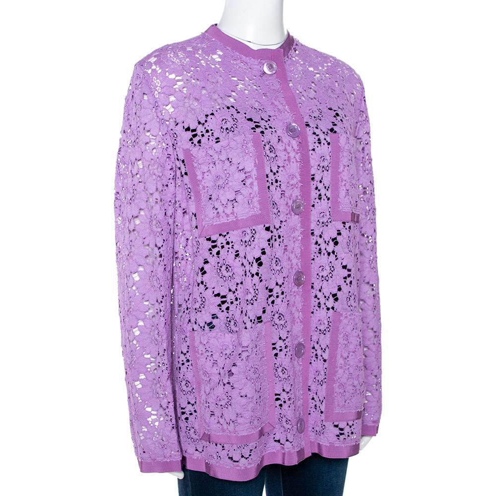 Fall in line with the trend that Gucci offers when you wear this jacket. Made in Italy, the jacket has a purple-colored, floral lace body with a full front button fastenings, long sleeves and pockets. The stylish number is designed to elevate your