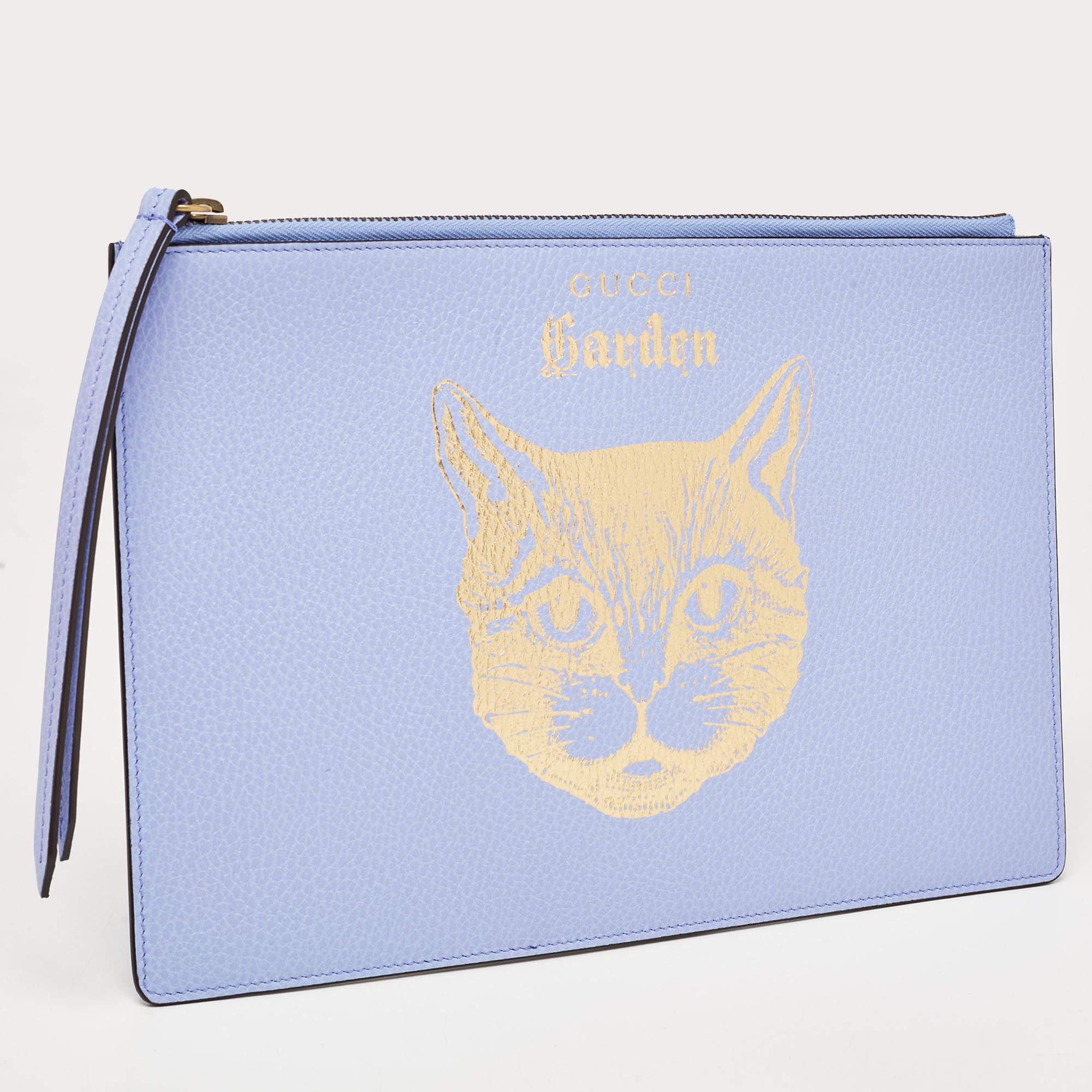 Gucci Lavender Leather Garden Cat Slim Clutch In Excellent Condition In Dubai, Al Qouz 2