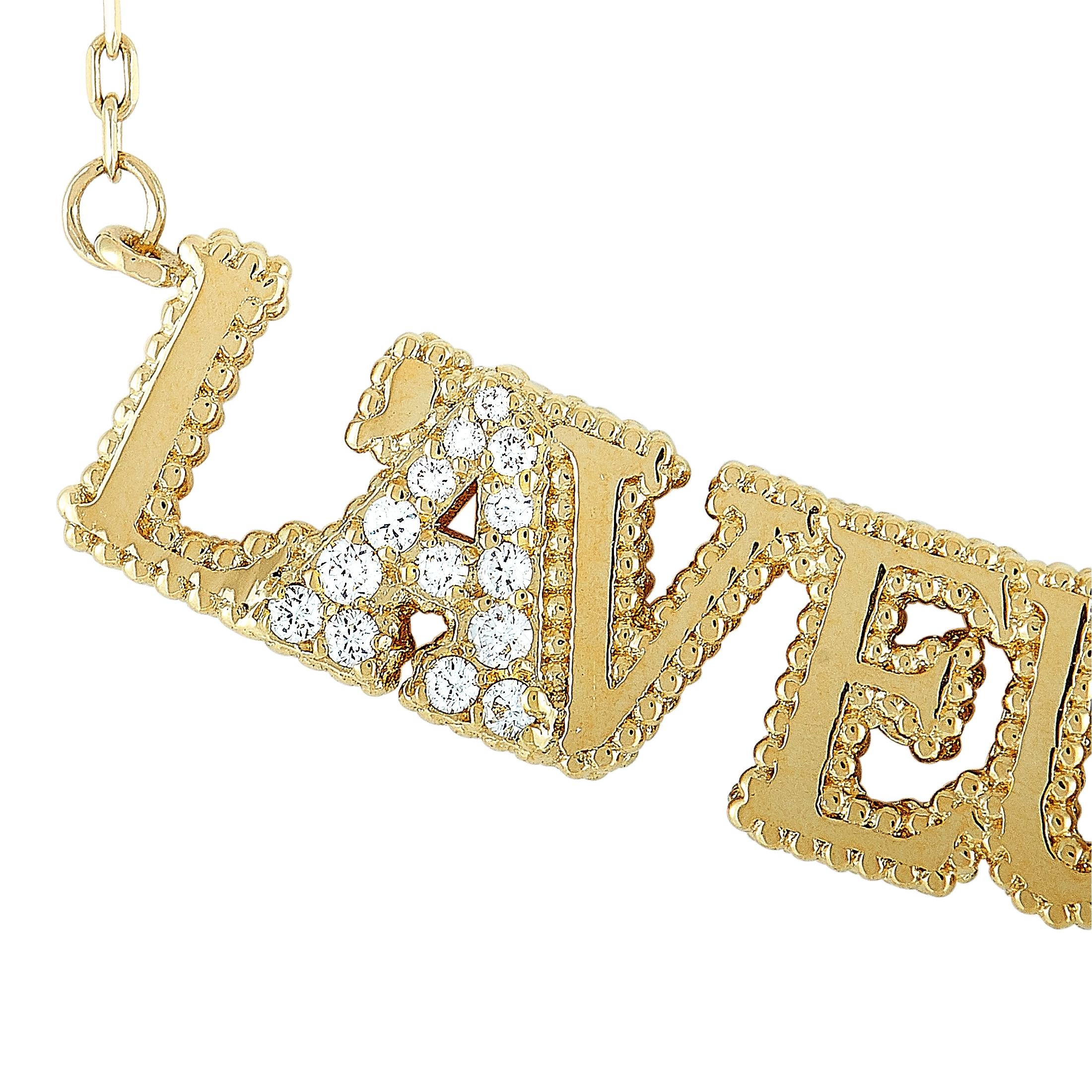 The Gucci “L'Aveugle Par Amour” necklace is made out of 18K yellow gold and diamonds and weighs 9 grams. The diamonds feature GH color and VVS clarity and total approximately 0.17 carats. The necklace boasts a 12” chain and a pendant that measures