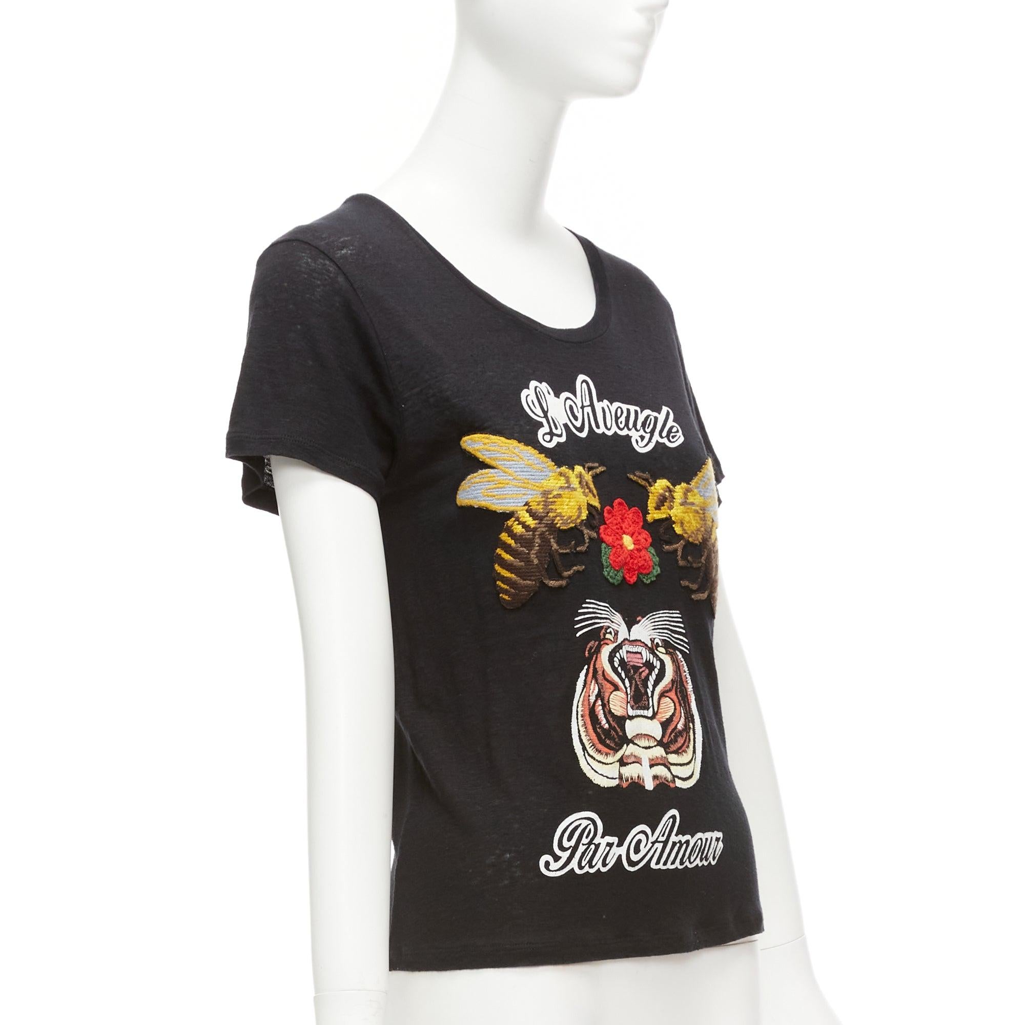 GUCCI L'aveugle Par Amour black linen brown tiger rose print patch tshirt XXS In Good Condition For Sale In Hong Kong, NT