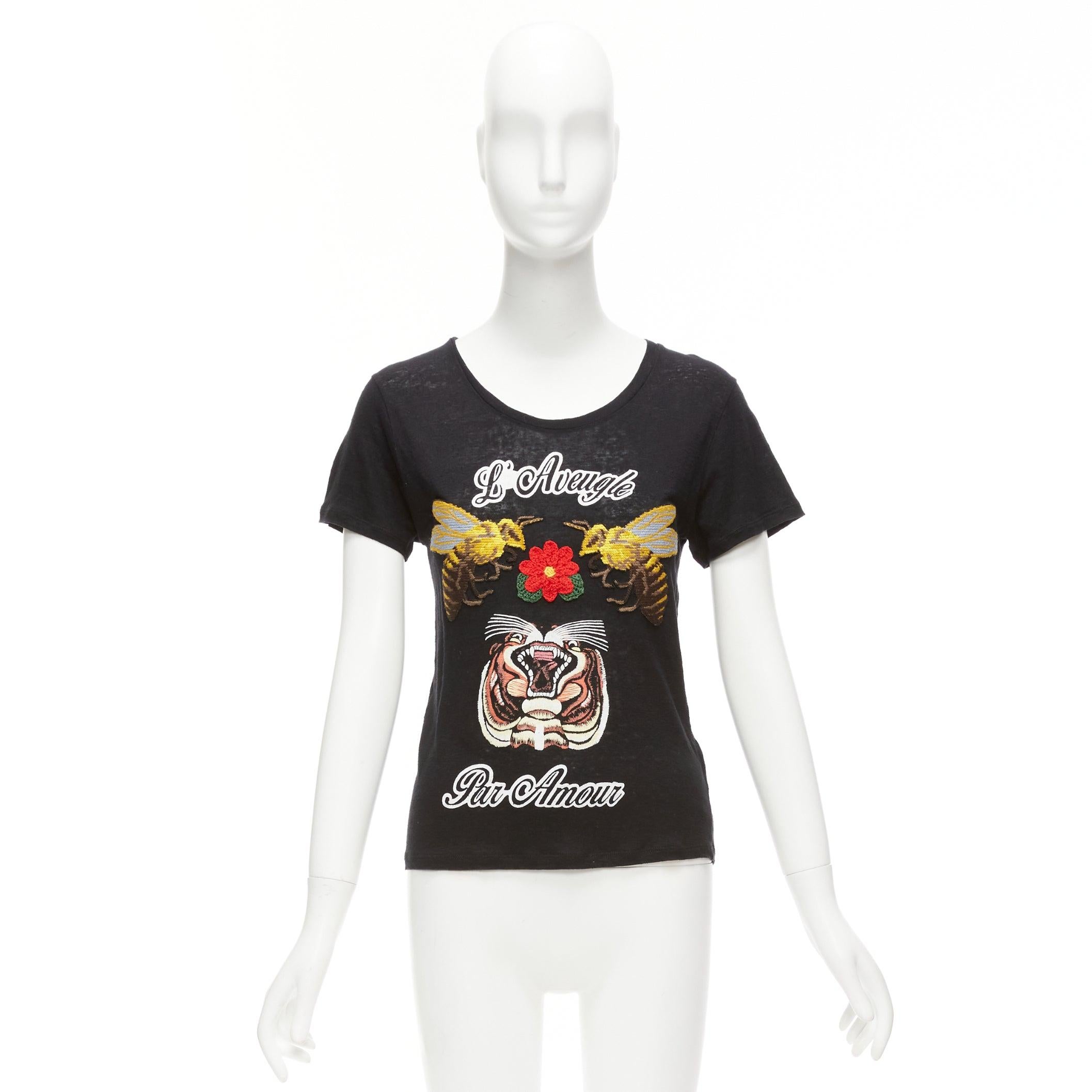 GUCCI L'aveugle Par Amour black linen brown tiger rose print patch tshirt XXS For Sale 5