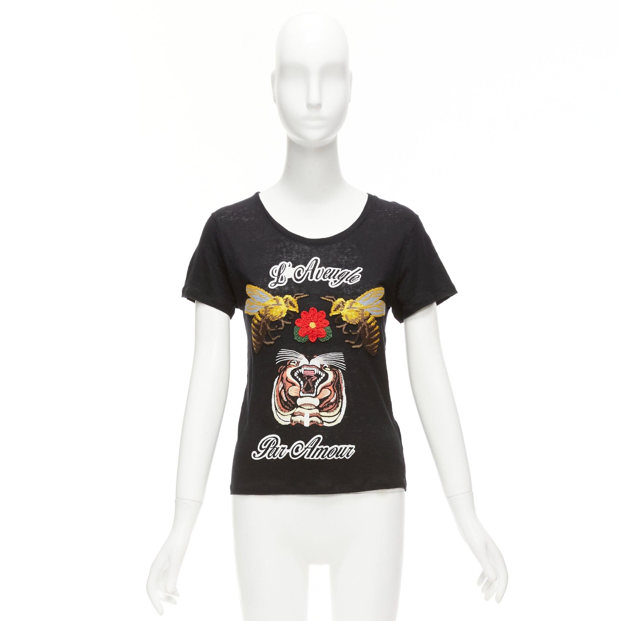Gucci L'aveugle Par Amour lin noir marron tigre rose patch tshirt XXS en vente 4