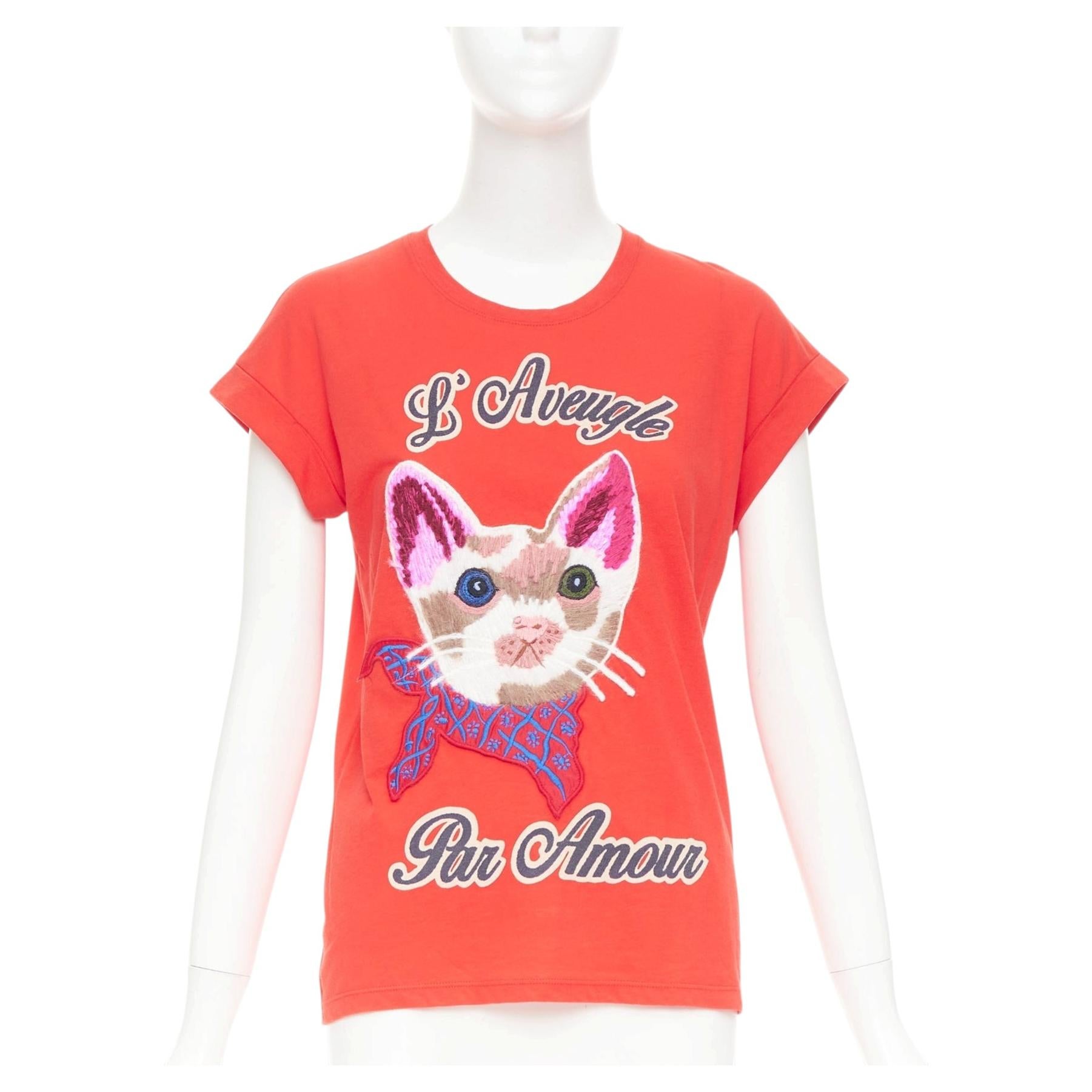 GUCCI L'Aveugle Par Amour red cat embroidered short sleeve t-shirt S For Sale