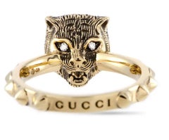 Gucci Le Marché des Merveilles 18 Karat Gold Diamond and Onyx Feline Motif Ring