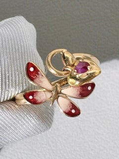 Gucci Le Marché des Merveilles 18K Gold Enamel Amethyst Butterfly Ring Size 58
