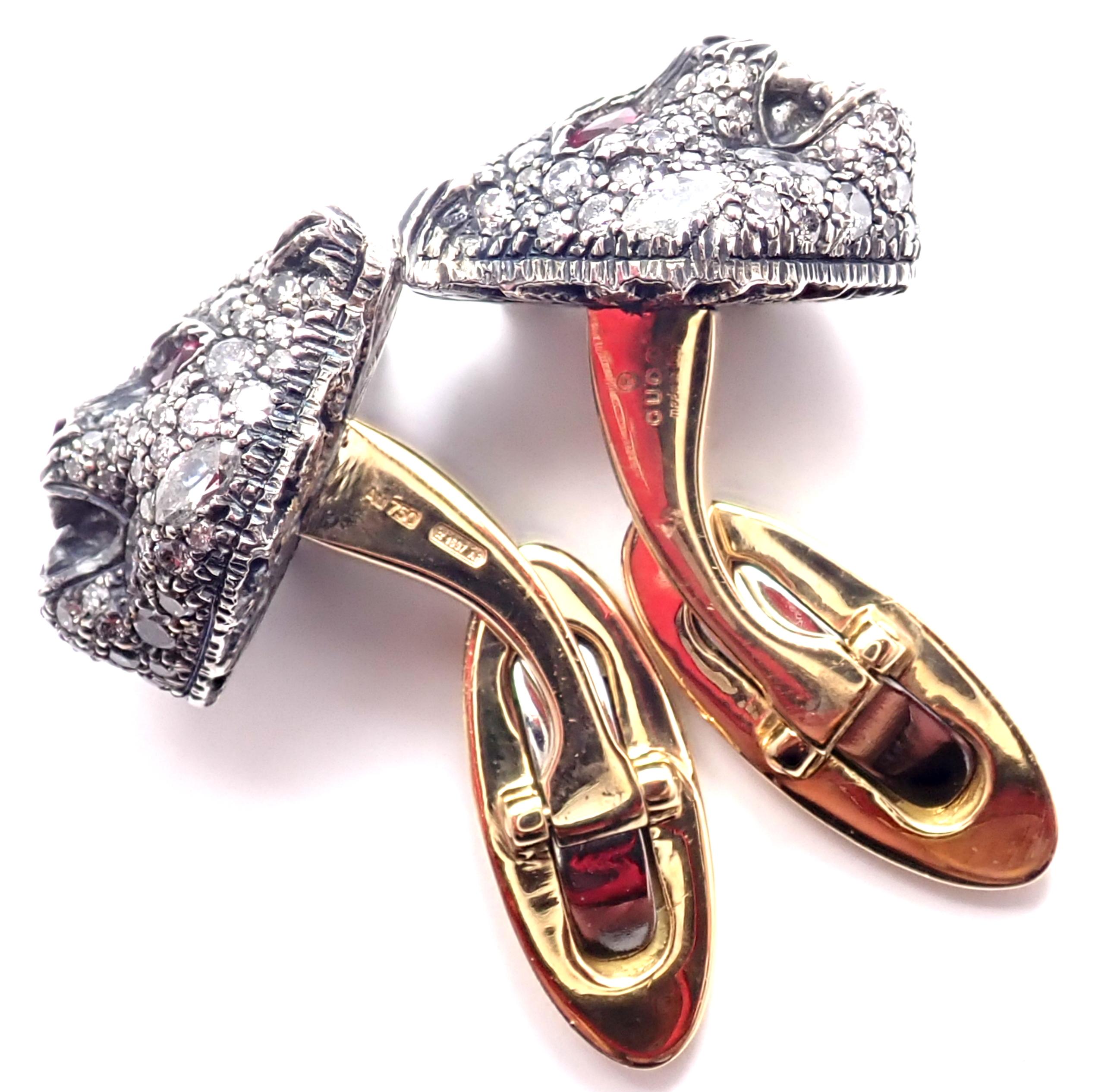 Gucci Le Marché des Merveilles Diamond Ruby Tiger Head Gold Cufflinks In Excellent Condition In Holland, PA