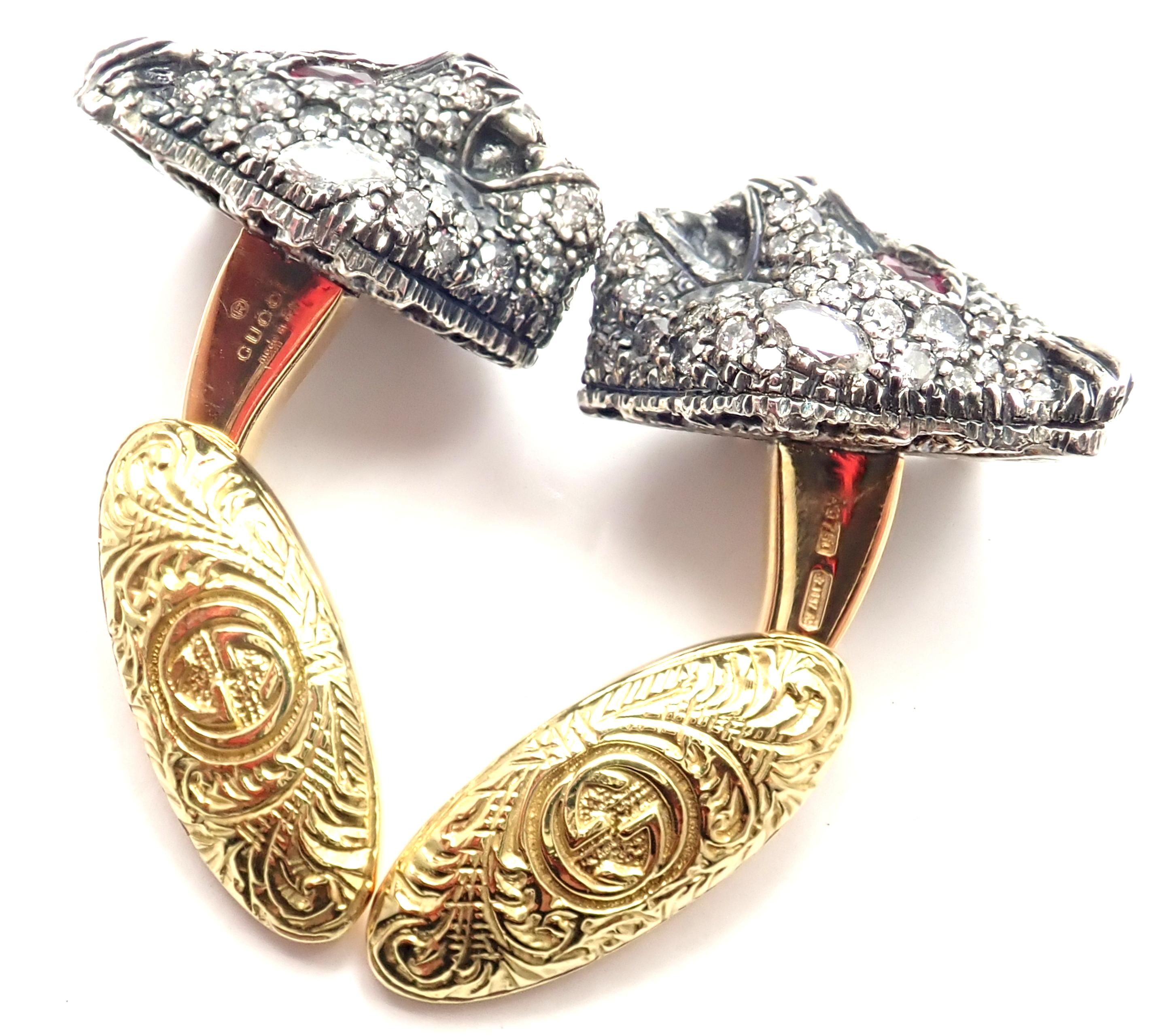 Gucci Le Marché des Merveilles Diamond Ruby Tiger Head Gold Cufflinks 2