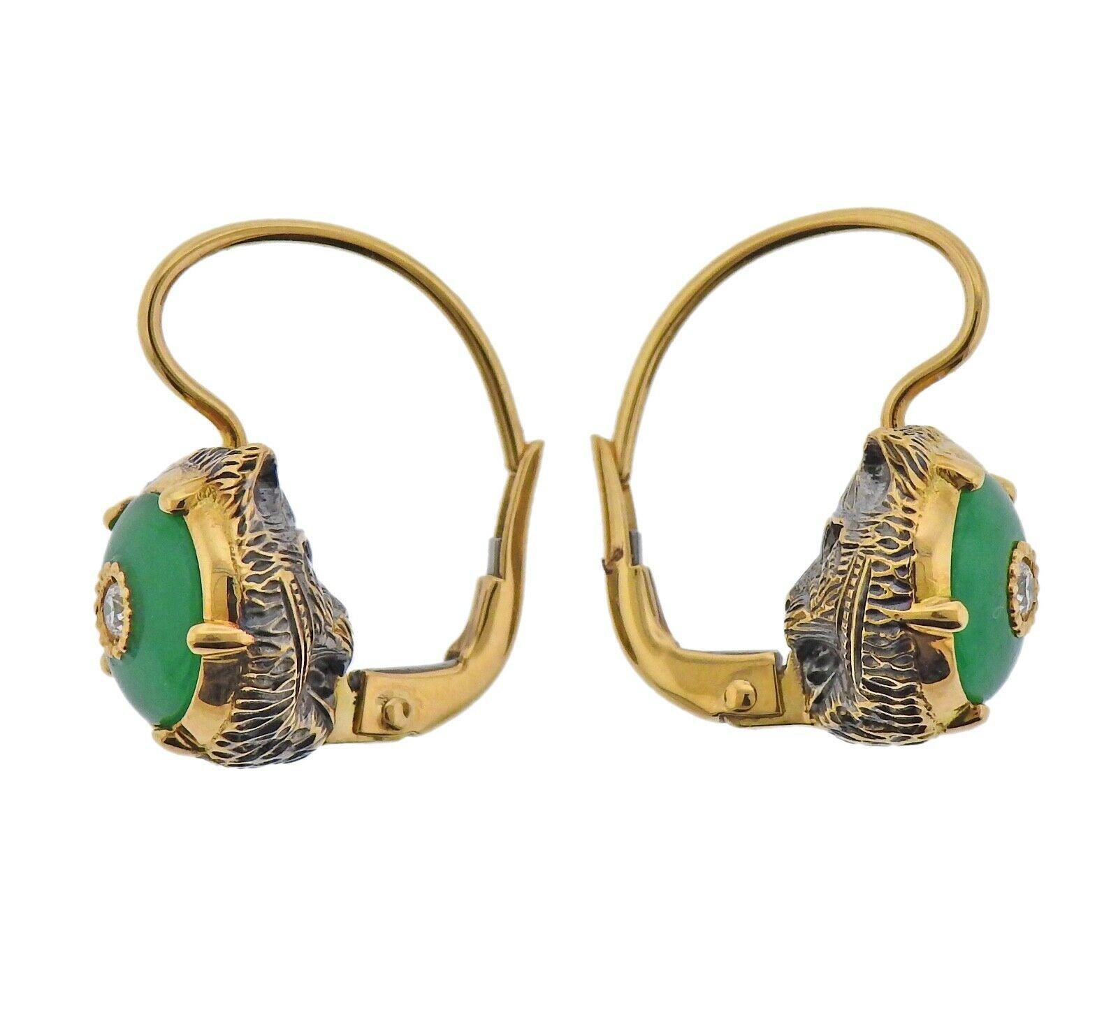 New Le Marches Des Marseilles 18k gold pair of earrings by Gucci, with diamonds and jade. Come with box and papers.  Earrings are 20mm long x 11mm. Weight - 7.3 grams. Marked: Gucci, Au 750, made in Italy. 