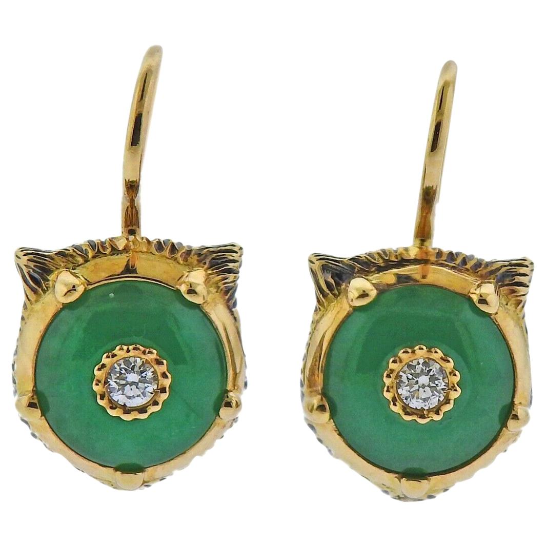 Gucci Le Marche Des Merveilles Feline Head Gold Diamond Jade Earrings
