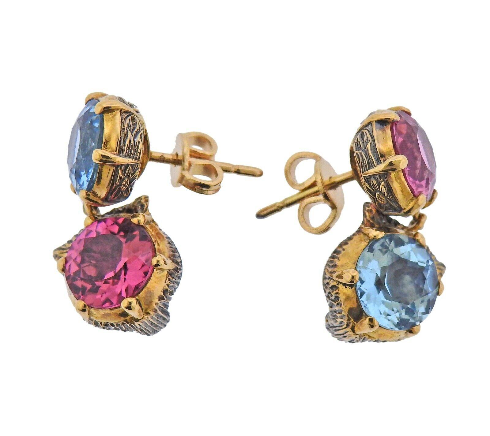 New Le Marches Des Marseilles 18k gold pair of earrings by Gucci, with pink quartz, blue topaz and diamond eyes. Retail $5980. with box and papers.  Earrings are 25mm long. Weight - Gucci, Au 750. Weight - 10.3 grams. 