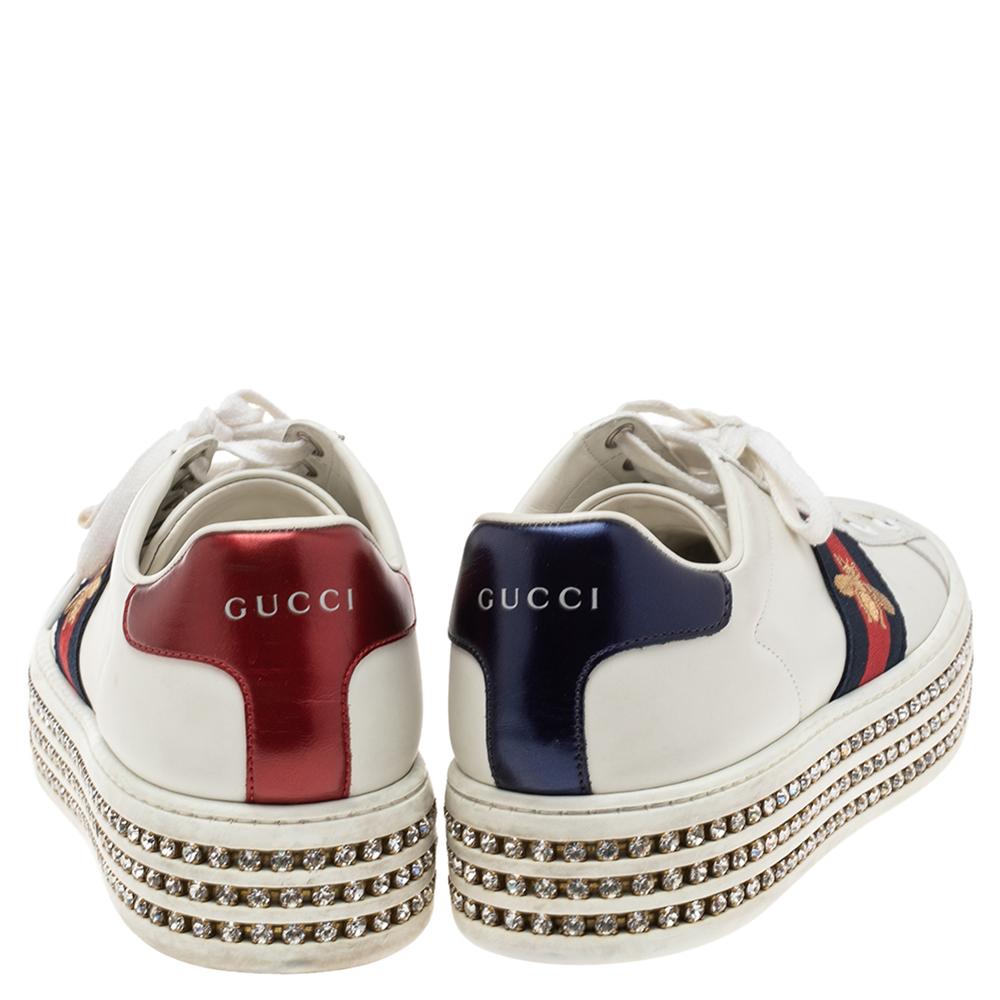 Gray Gucci Leather And Bee Ace Crystal Embellished Platform Sneakers Size 40