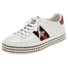 Gucci Leather And Bee Ace Crystal Embellished Platform Sneakers Size 40