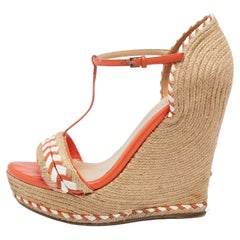 Gucci Leather And Raffia Woven Tiffany Espadrille Wedge Sandals Size 38.5