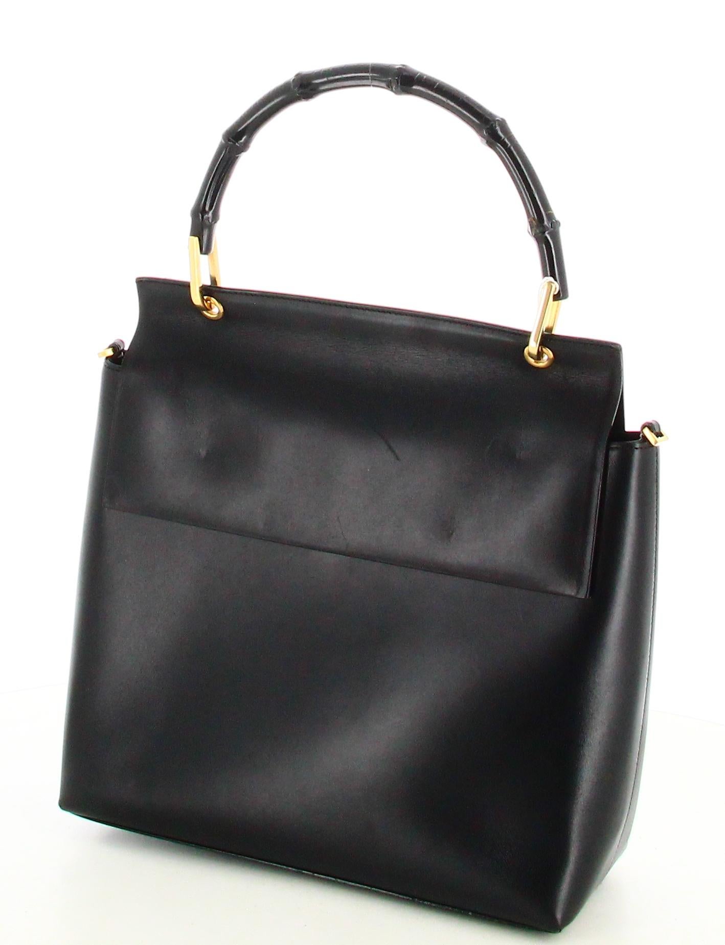 Gucci Leather Black Bamboo Handbag In Good Condition For Sale In PARIS, FR