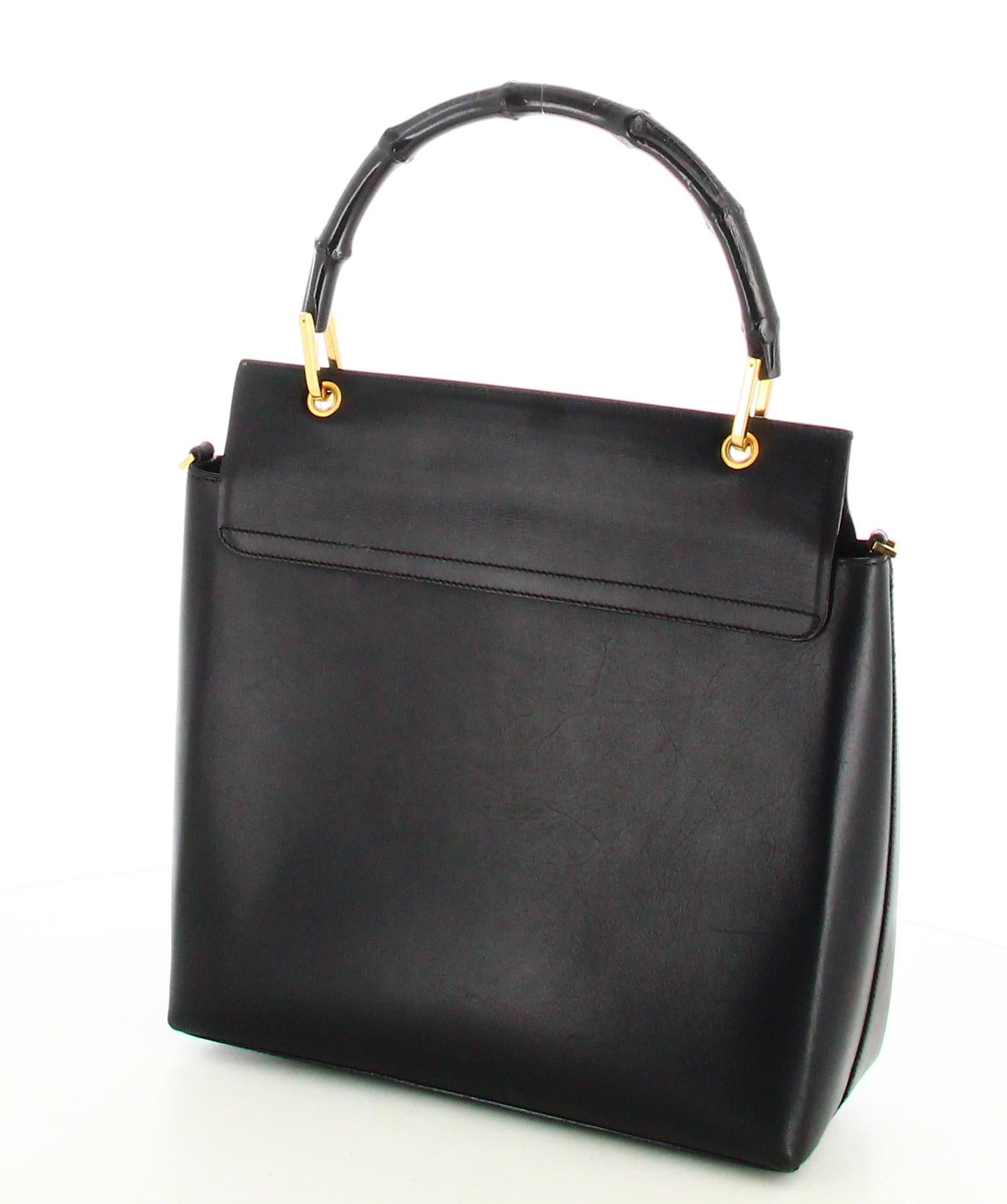 Gucci Leather Black Bamboo Handbag For Sale 2