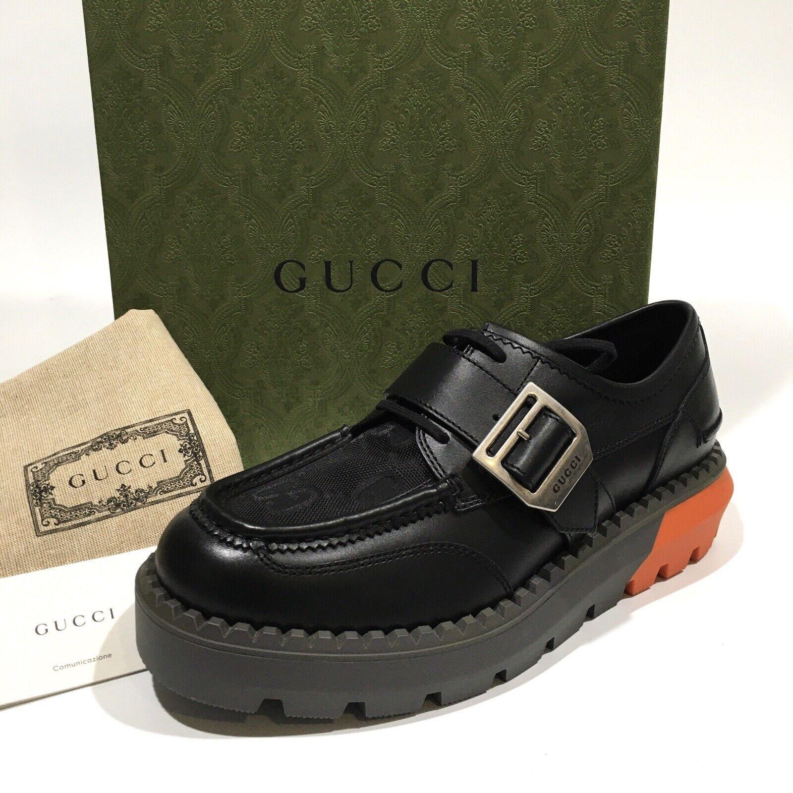 Gucci Leather Black Orange Lace Up Buckle Loafers US 10.5 For Sale 6